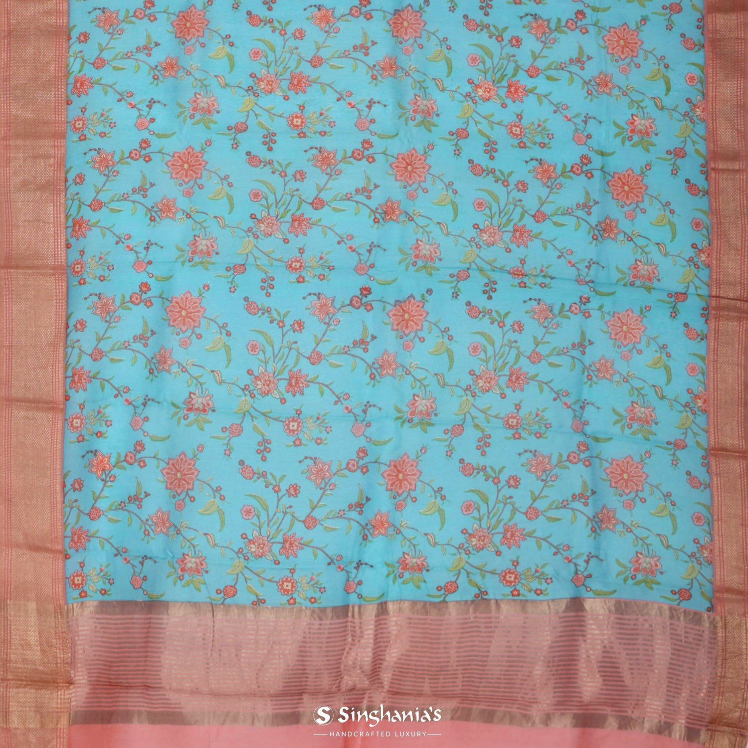 Aquamarine Blue Linen Saree With Floral Print Pattern