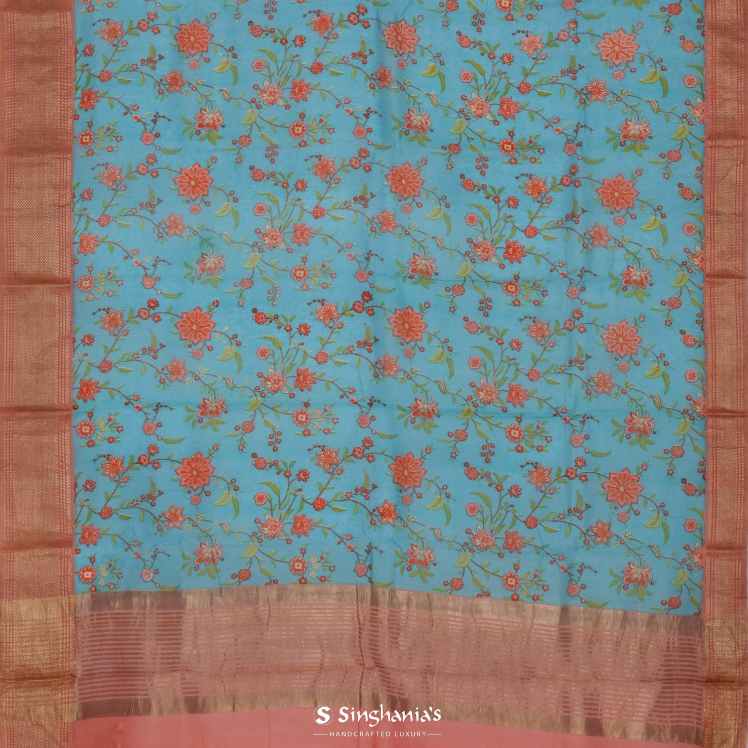 Duck Blue Printed Linen Saree With Floral Pattern