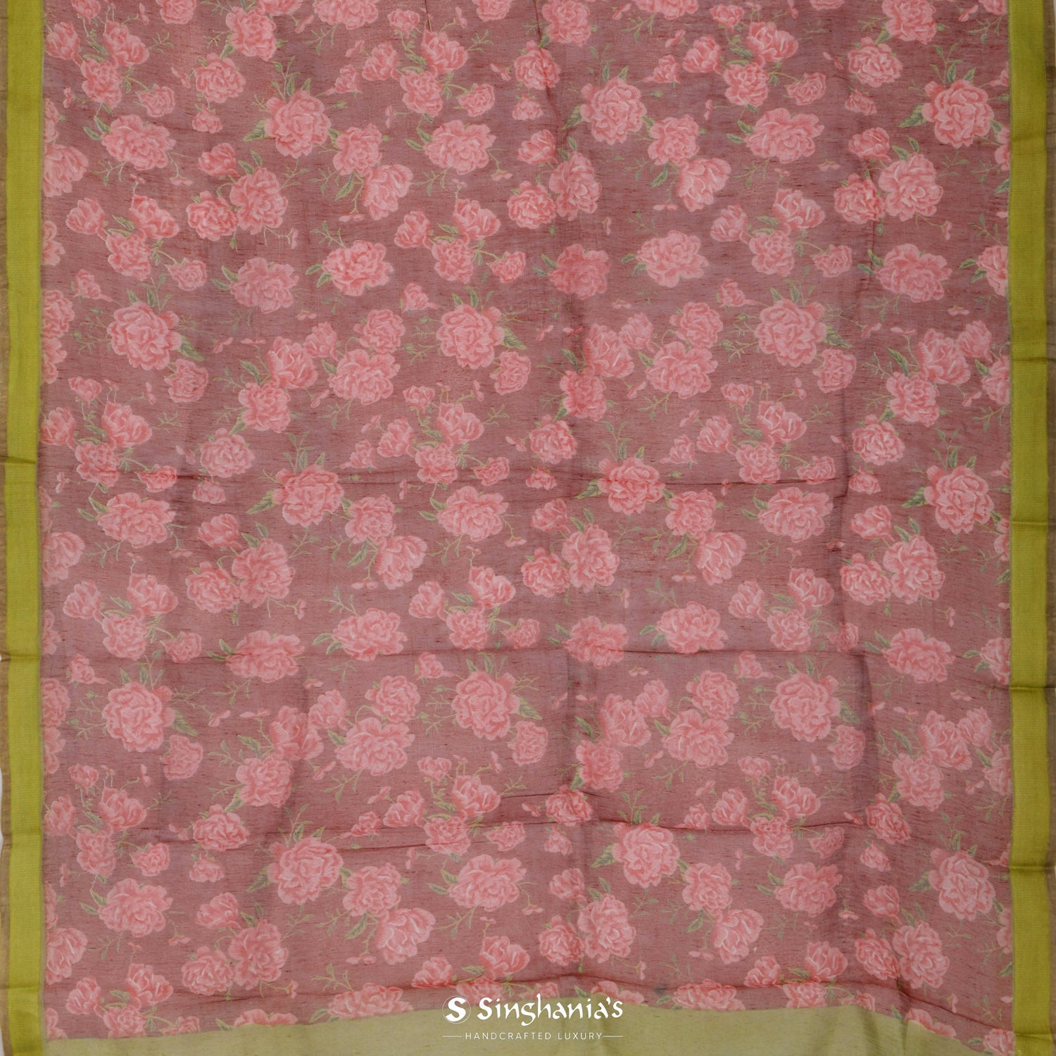 Mecca Orange Linen Saree With Printed Floral Pattern