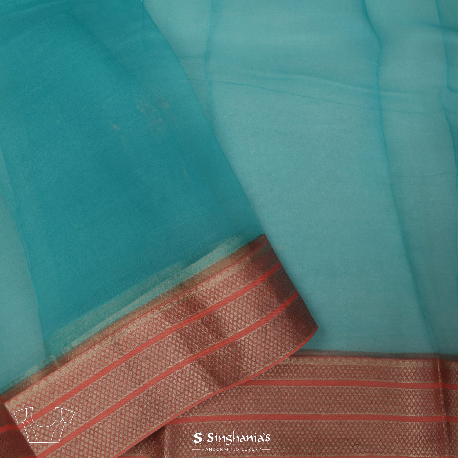 Medium Turquoise Blue Printed Organza Saree With Floral Pattern