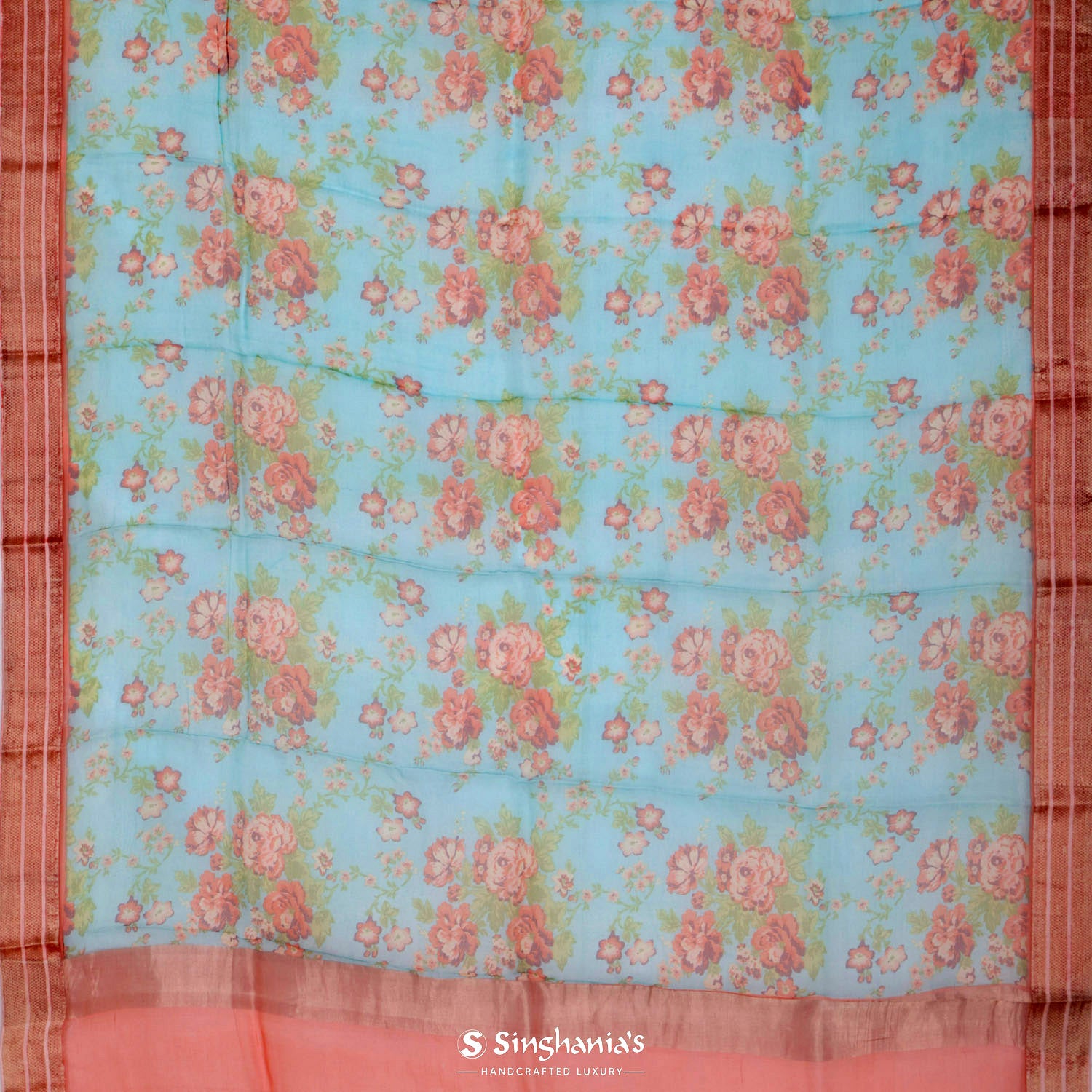 Medium Turquoise Blue Printed Organza Saree With Floral Pattern