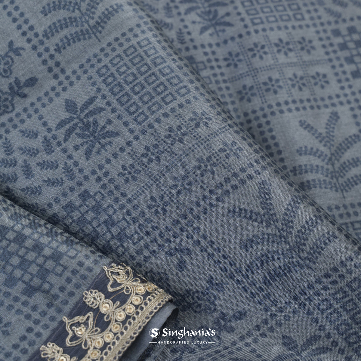 Oxford Gray Tussar Silk Saree With Printed Floral-Leaves Pattern