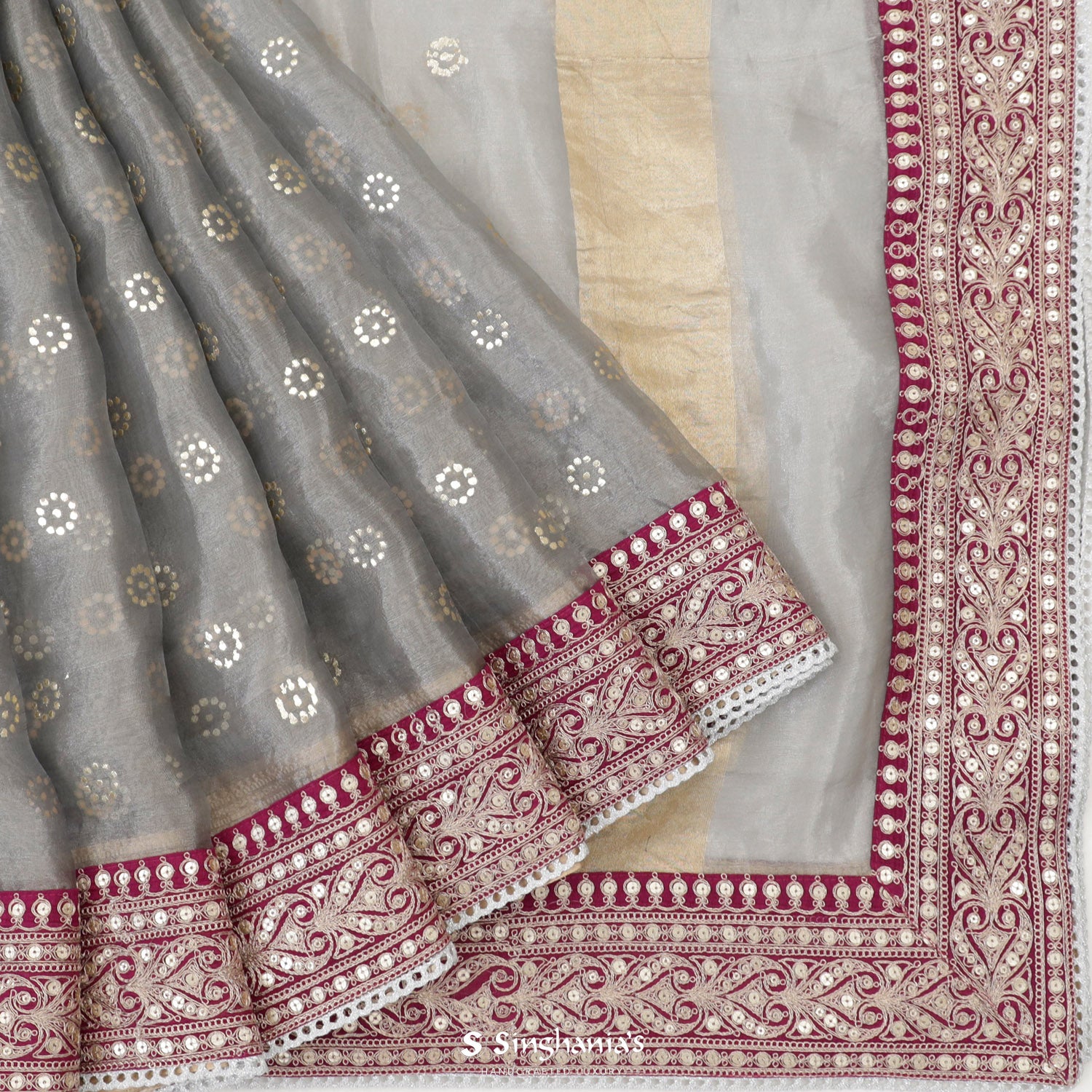 Dark Gray Tissue Saree With Mukaish Work In Floral Buttis