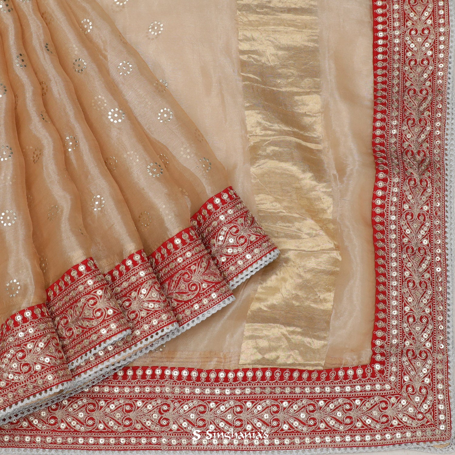 Peach Beige Printed Tissue Saree With Floral Pattern