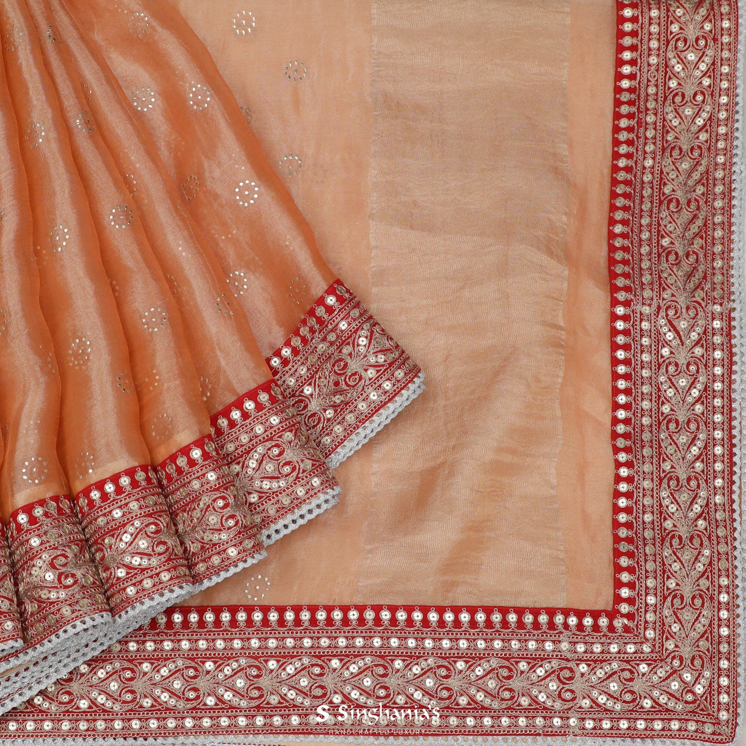 Persian Orange Tissue Saree With Mukaish Work