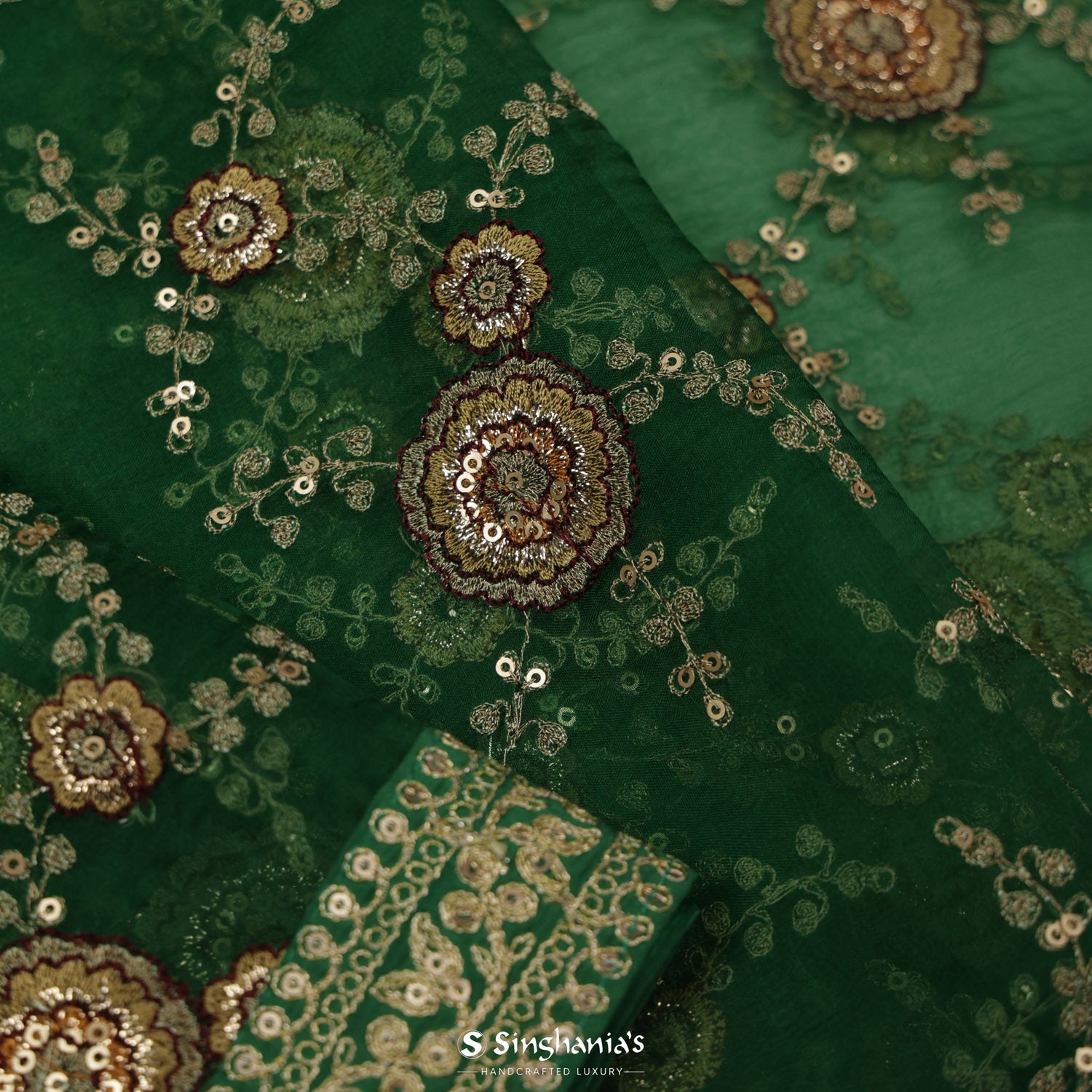 Mughal Green Organza Saree With Floral Embroidery