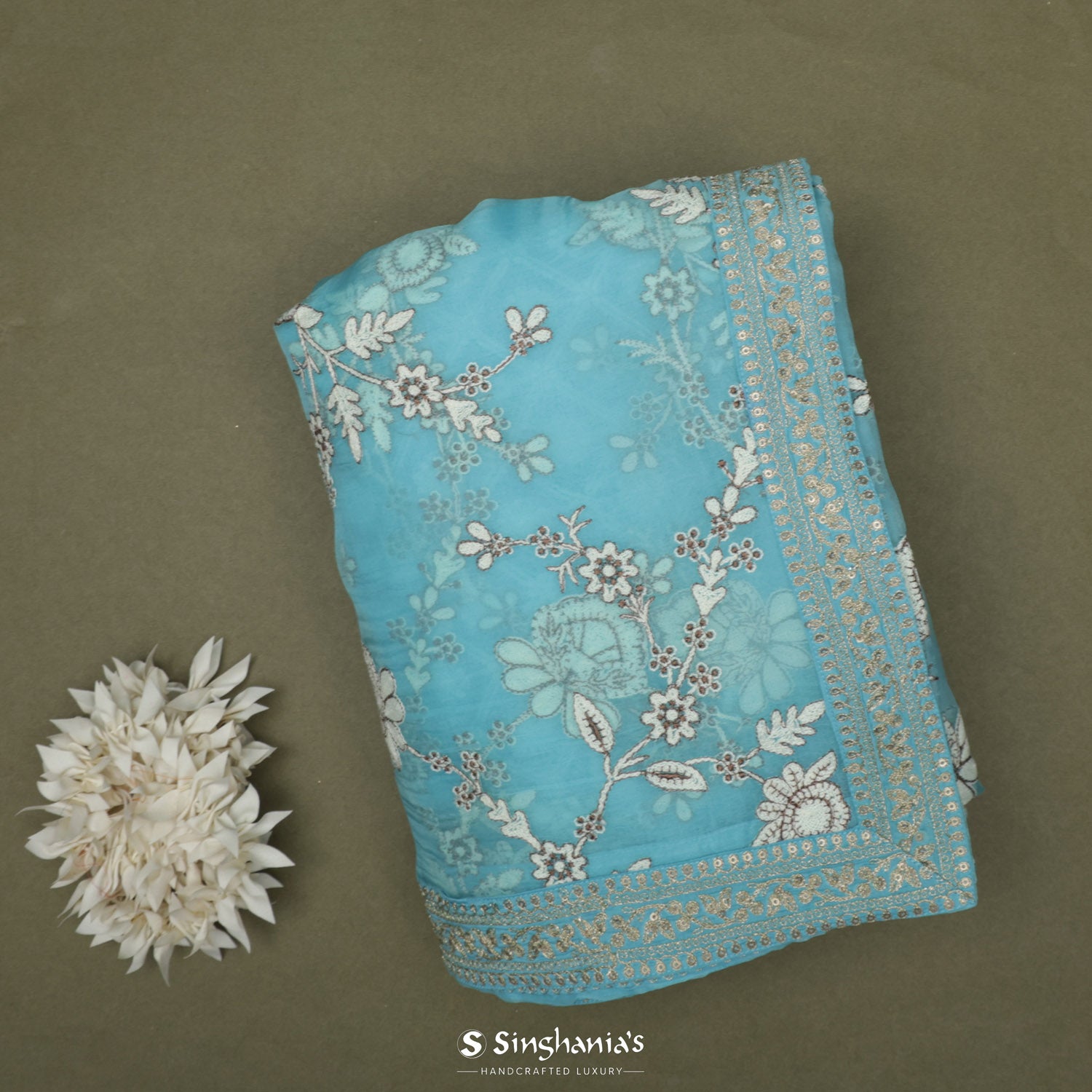 Sky Blue Printed Organza Saree With Floral Pattern
