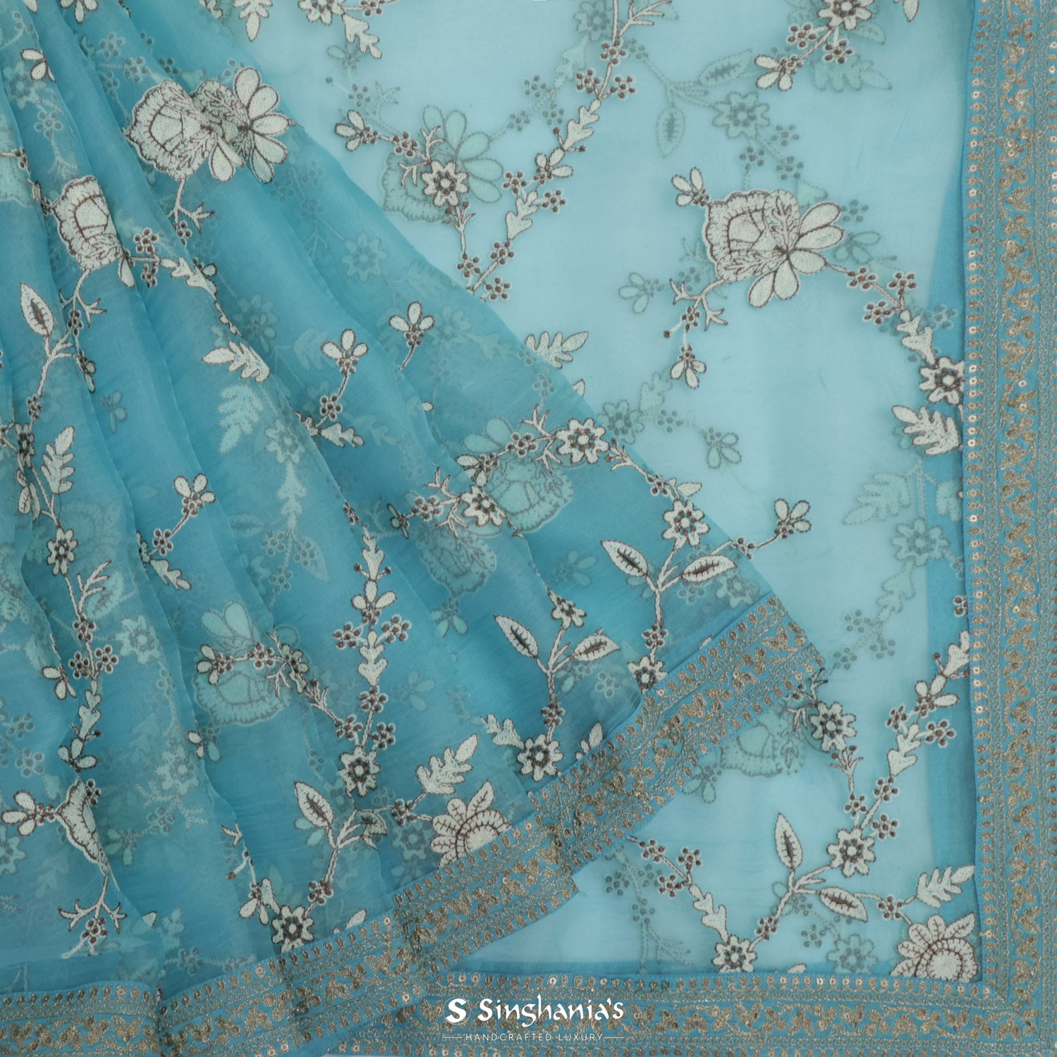 Sky Blue Printed Organza Saree With Floral Pattern