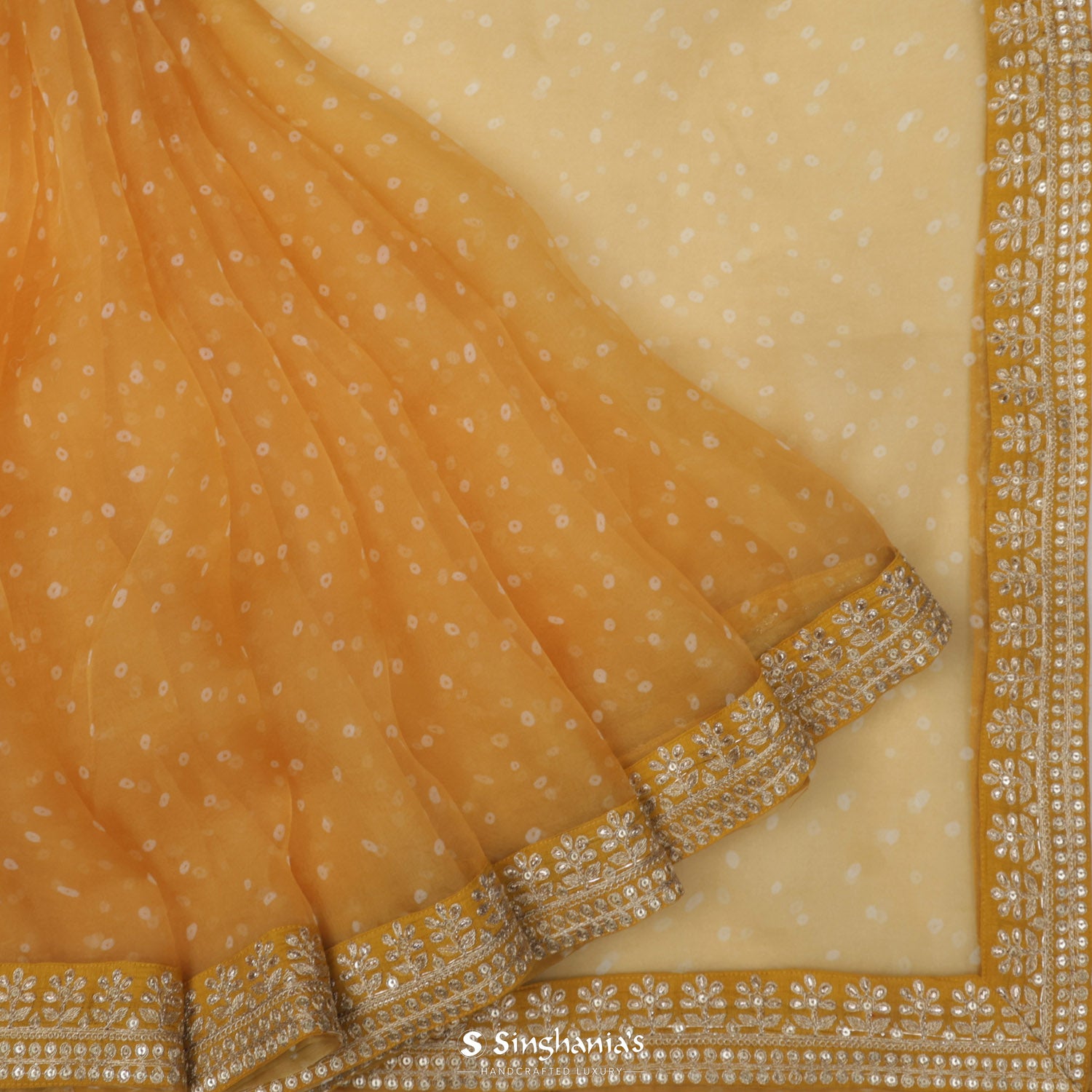 Pastel Golden Yellow Organza Saree With Bandhani Pattern