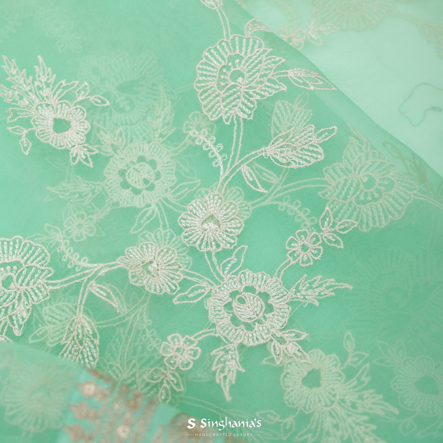 Turquoise Green Organza Saree With Thread Weaving