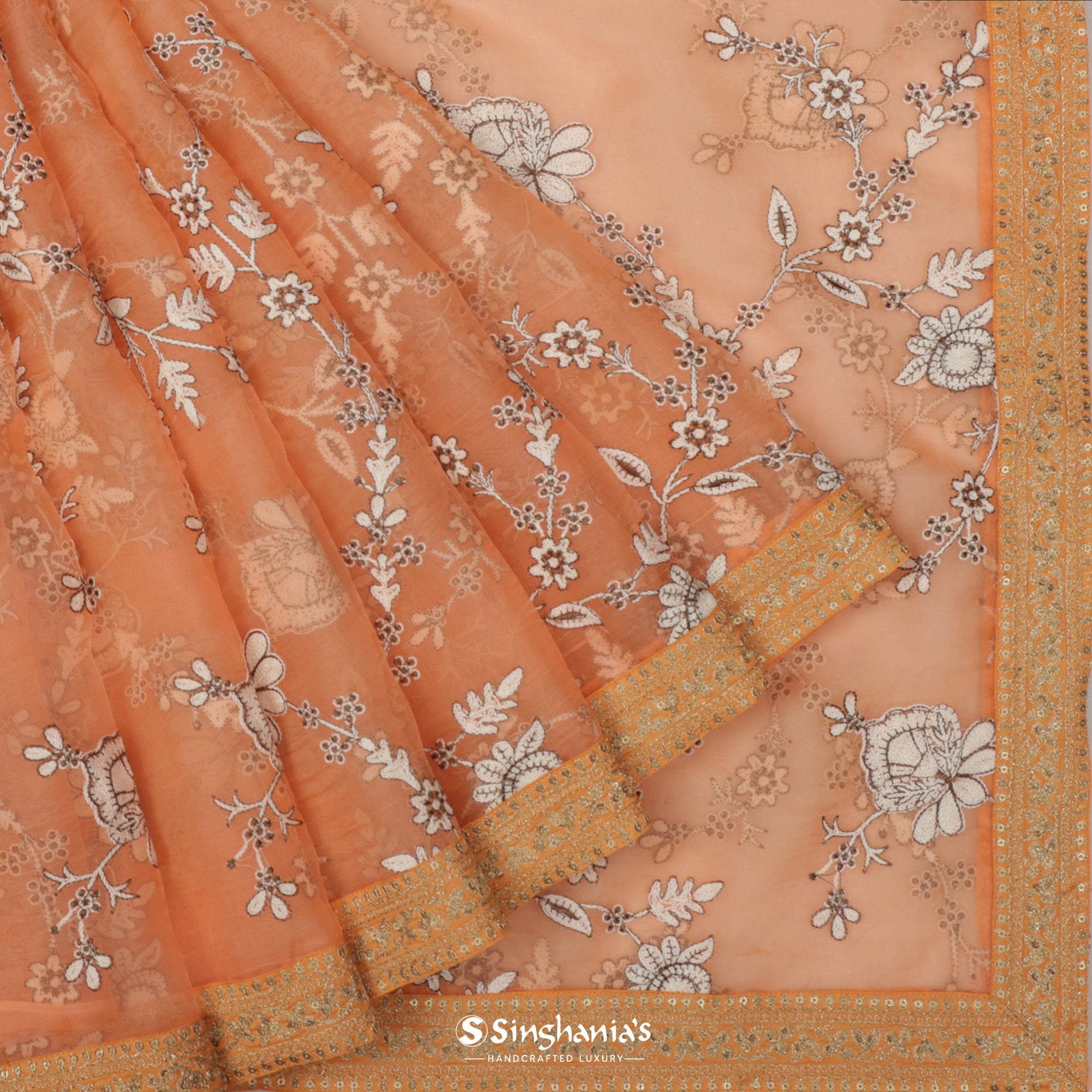 Copper Red Organza Saree With Floral Embroidery