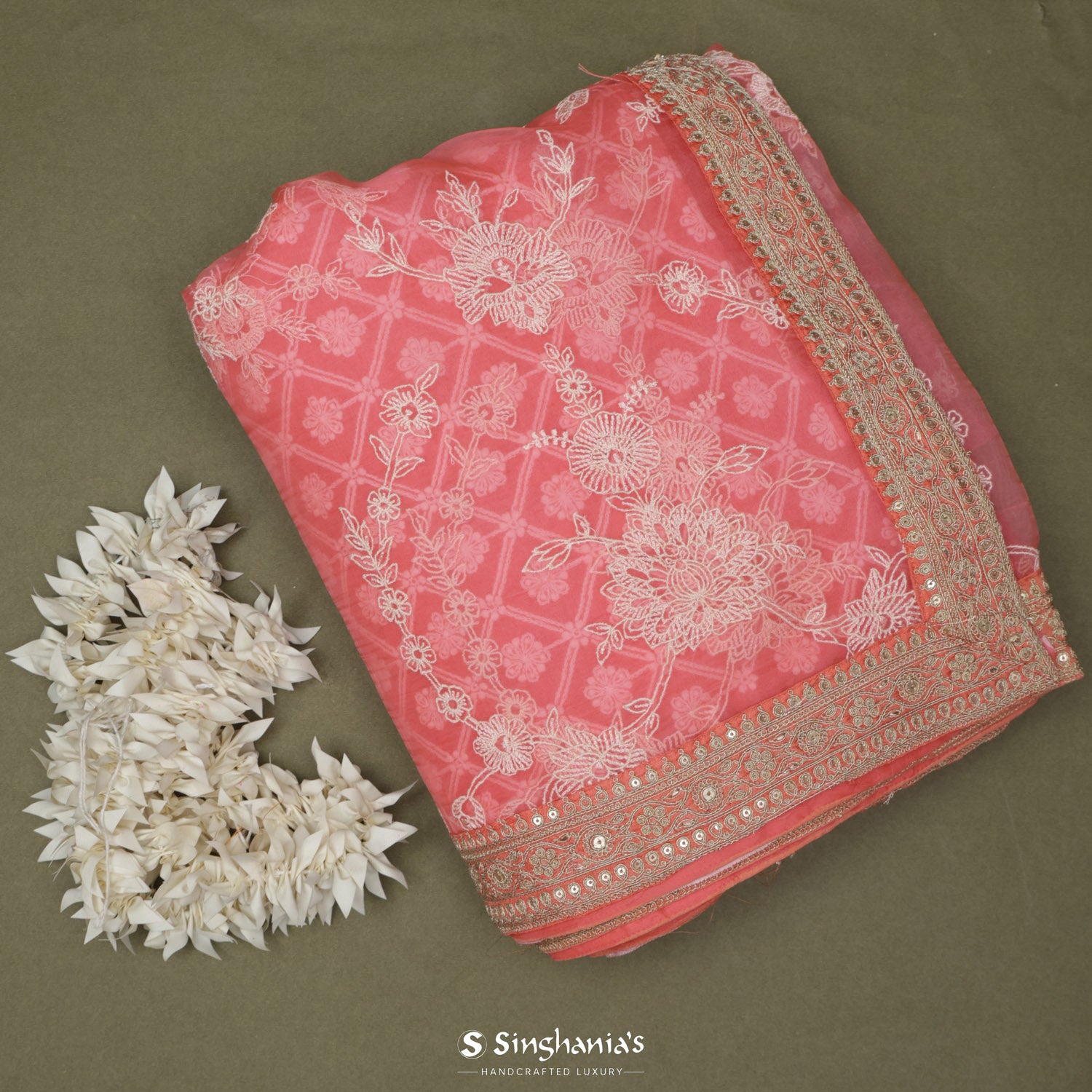 Coral Pink Printed Organza Saree With Floral Pattern