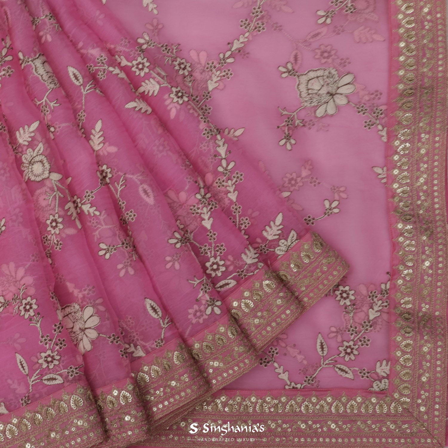Wild Orchid Pink Printed Organza Saree With Floral Pattern