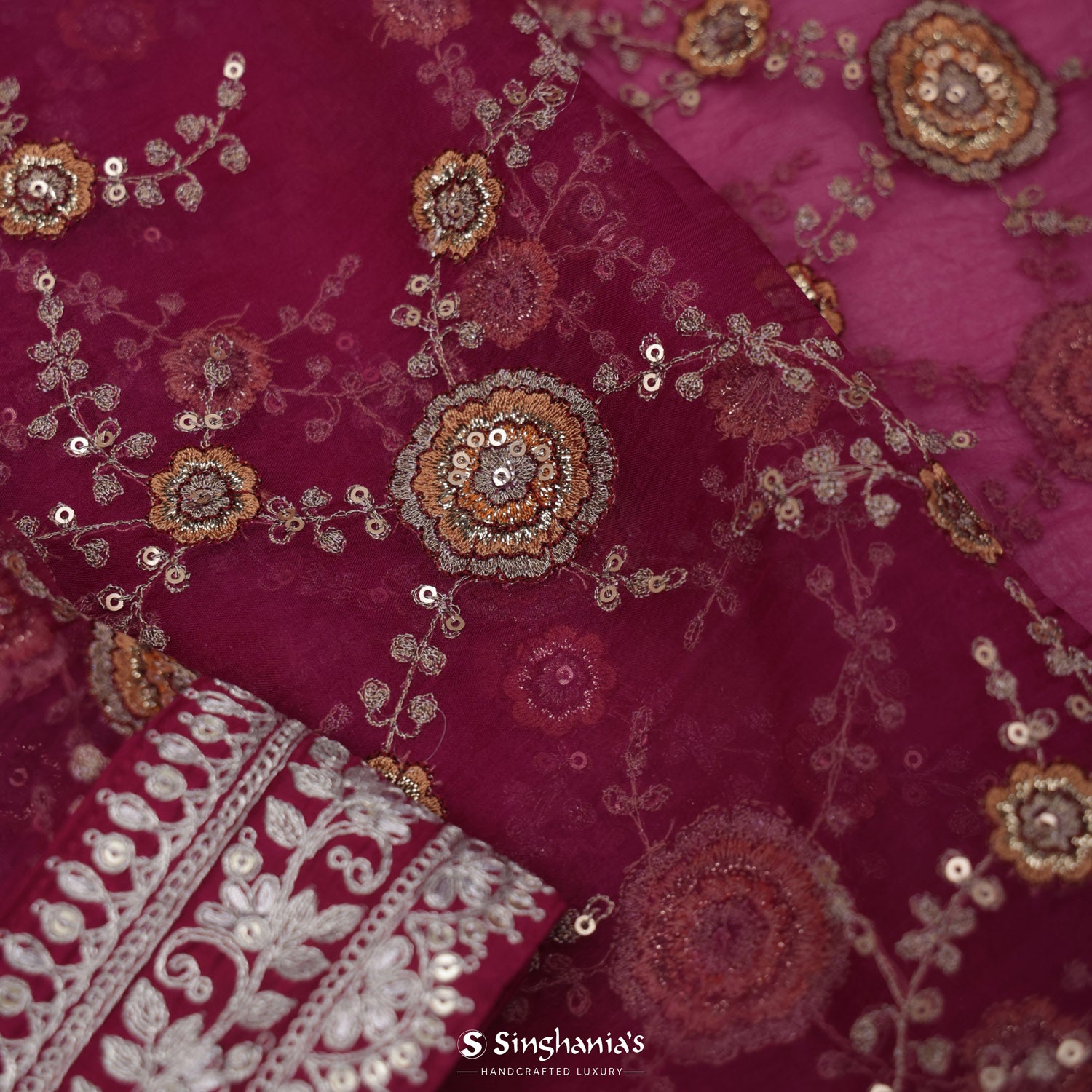 Raspberry Rose Pink Organza Saree With Hand Embroidery
