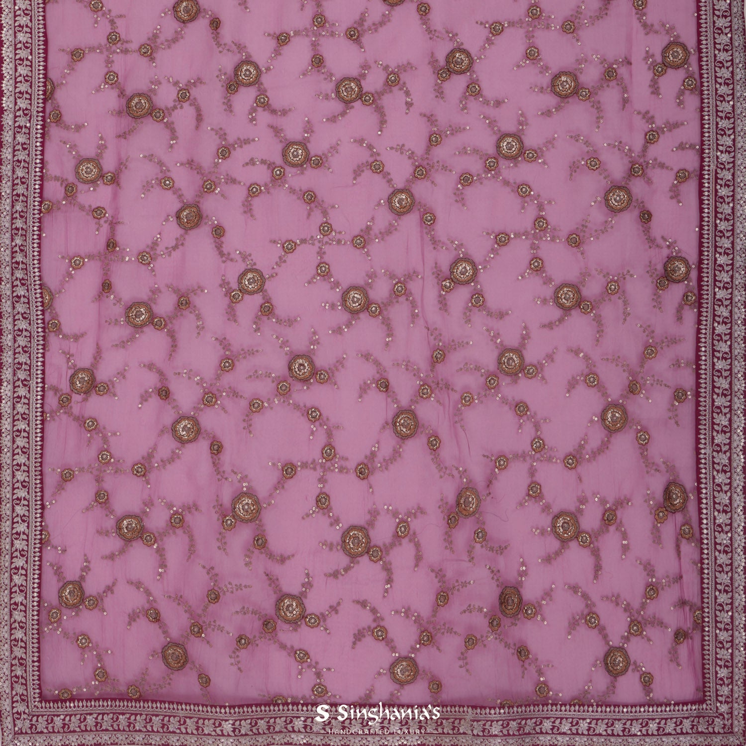 Raspberry Rose Pink Organza Saree With Hand Embroidery