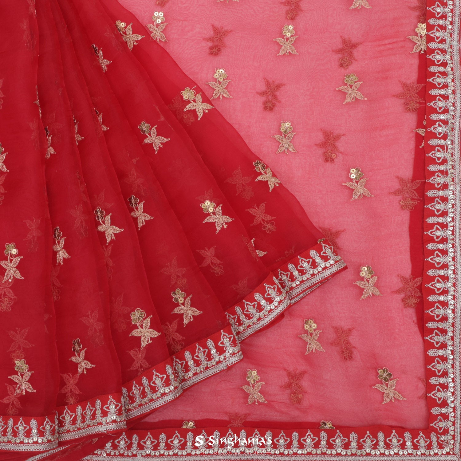 Crimson Red Organza Saree With Floral Buttis