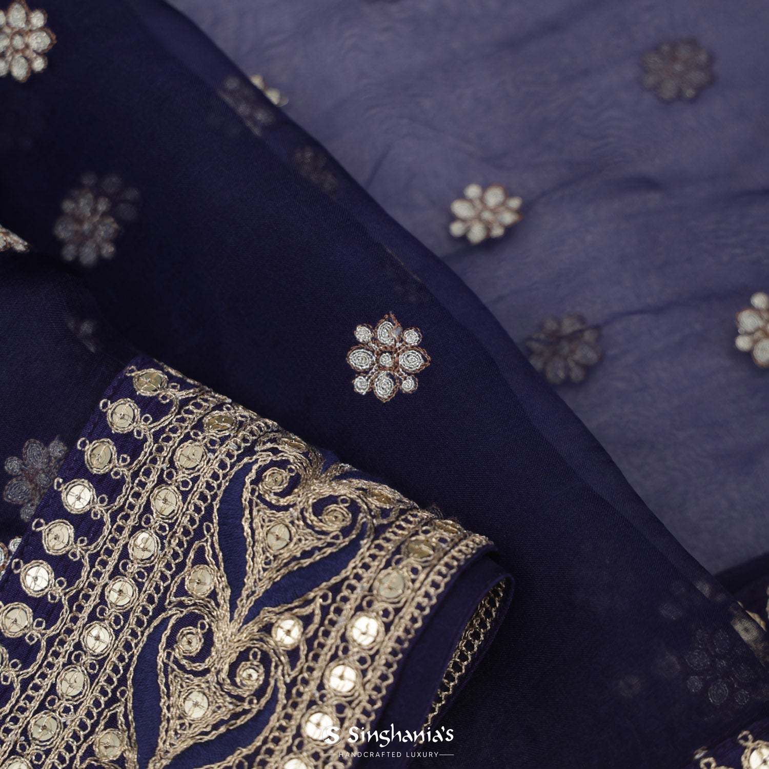Oxford Blue Organza Saree With Floral Embroidery