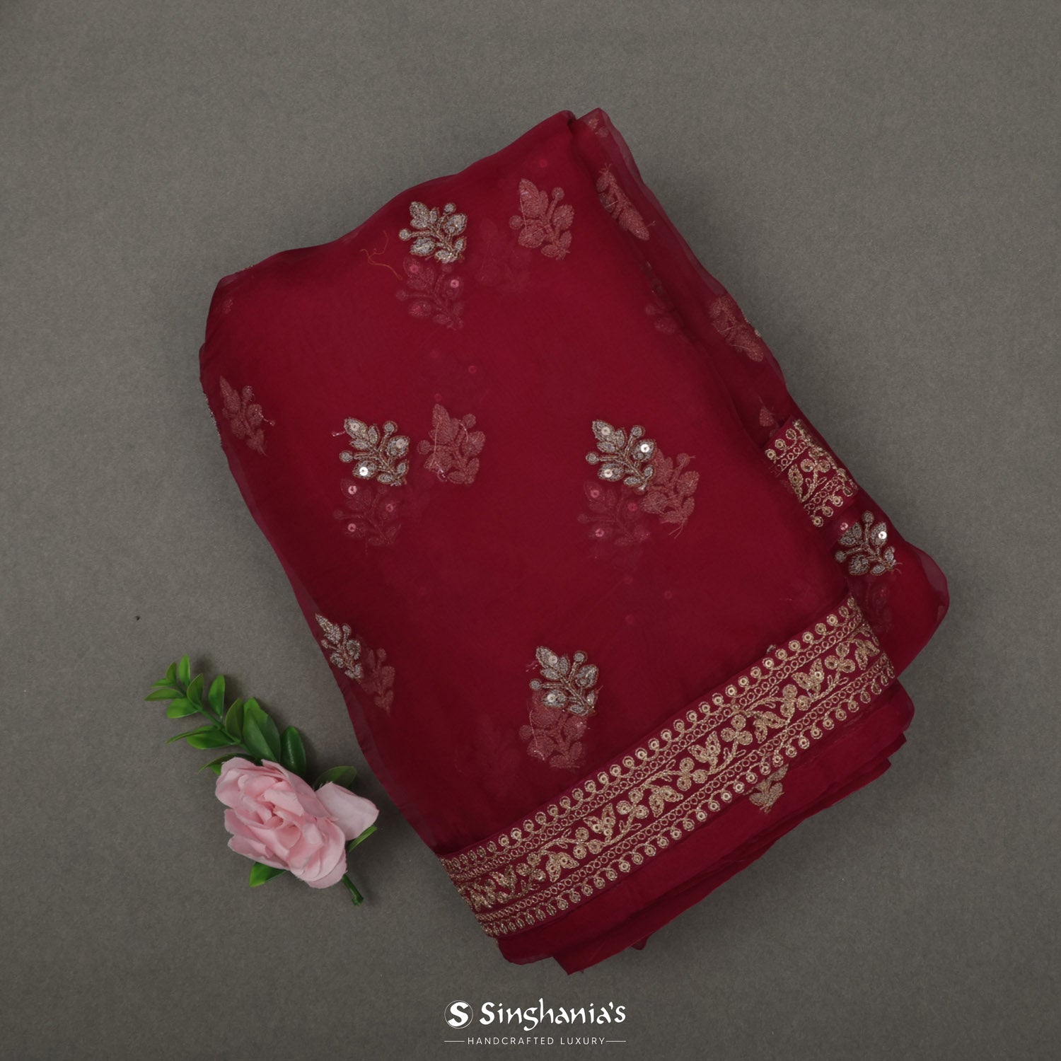 Falcons Red Organza Saree With Embroidery