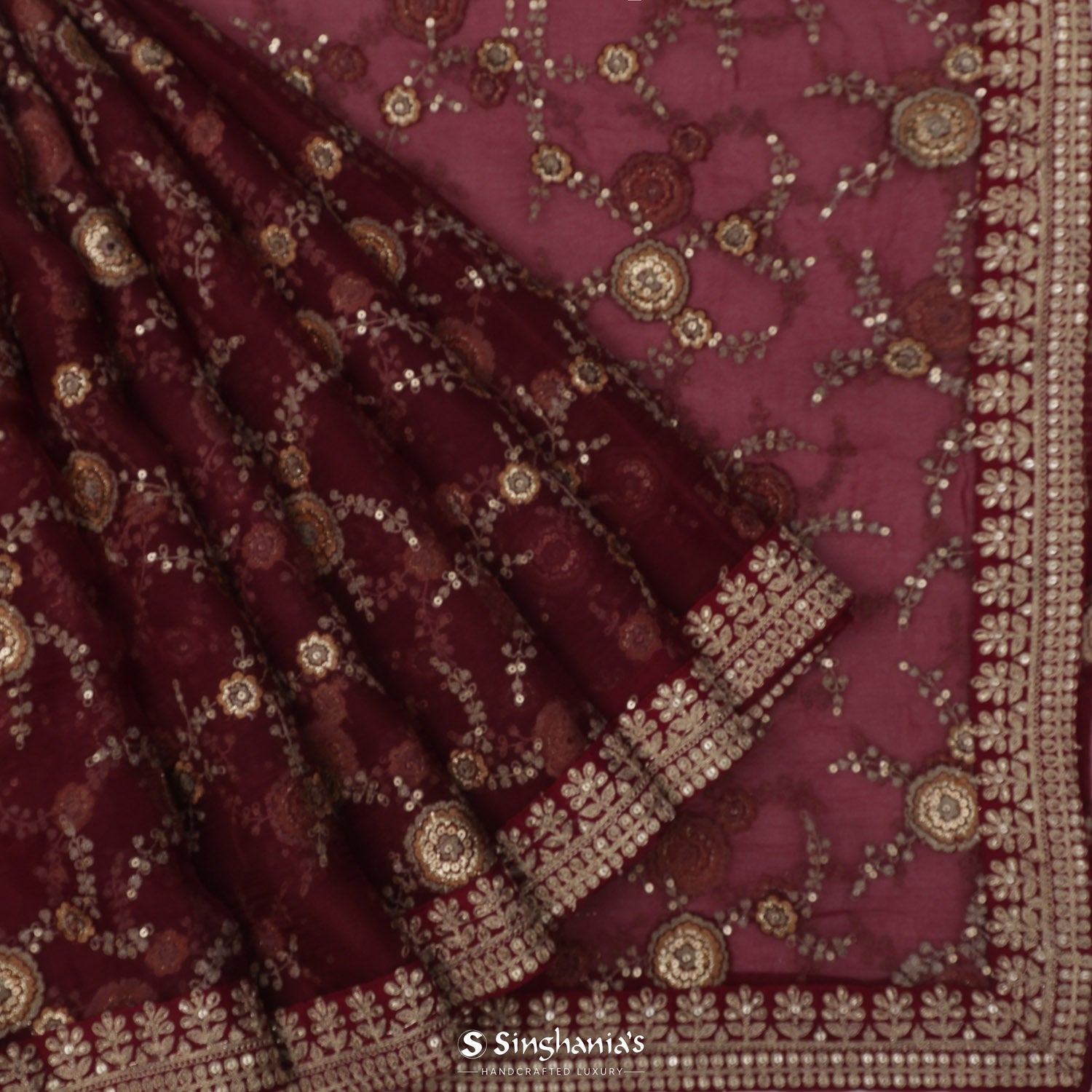Rosewood Red Organza Saree With Embroidery