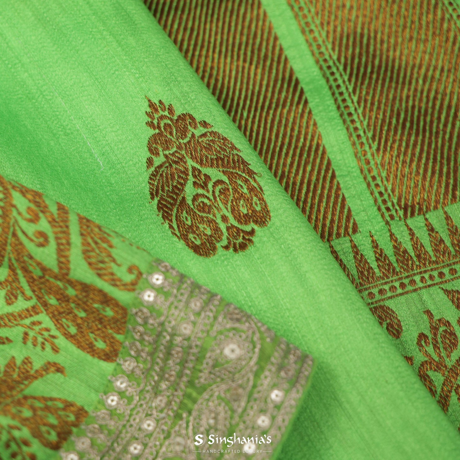 Neon Green Matka Saree With Floral Weaving