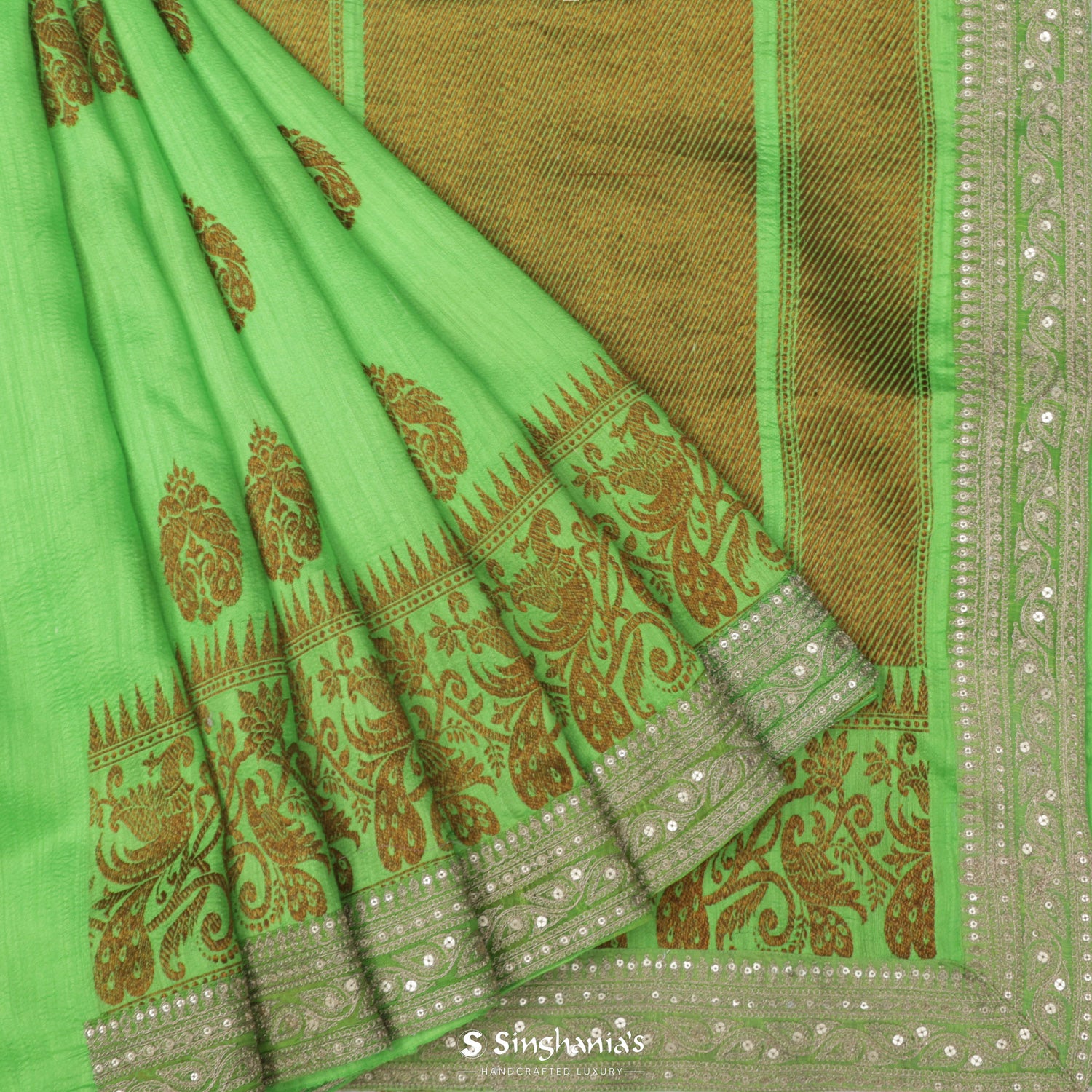 Neon Green Matka Saree With Floral Weaving
