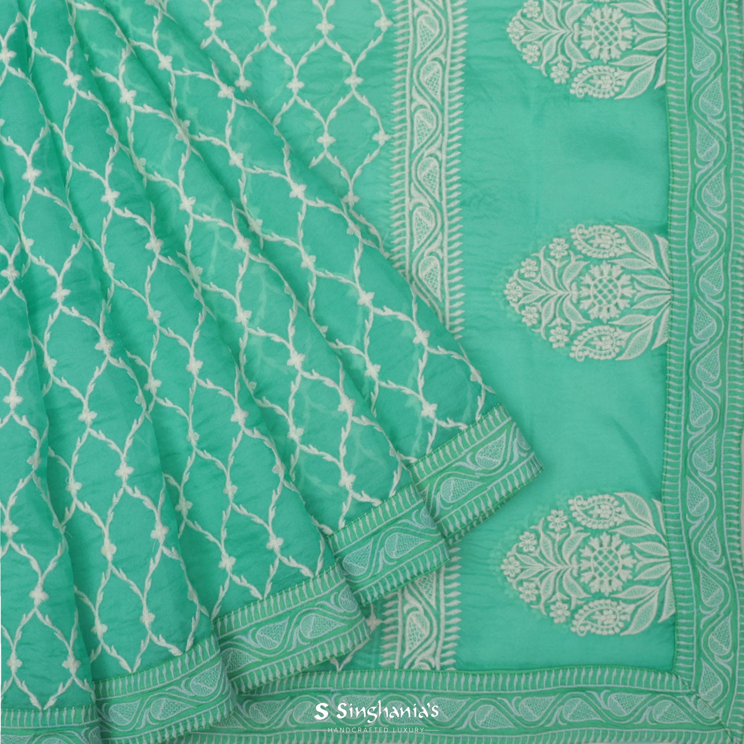 Paolo Veronese Green Organza Saree With Floral Thread Embroidery