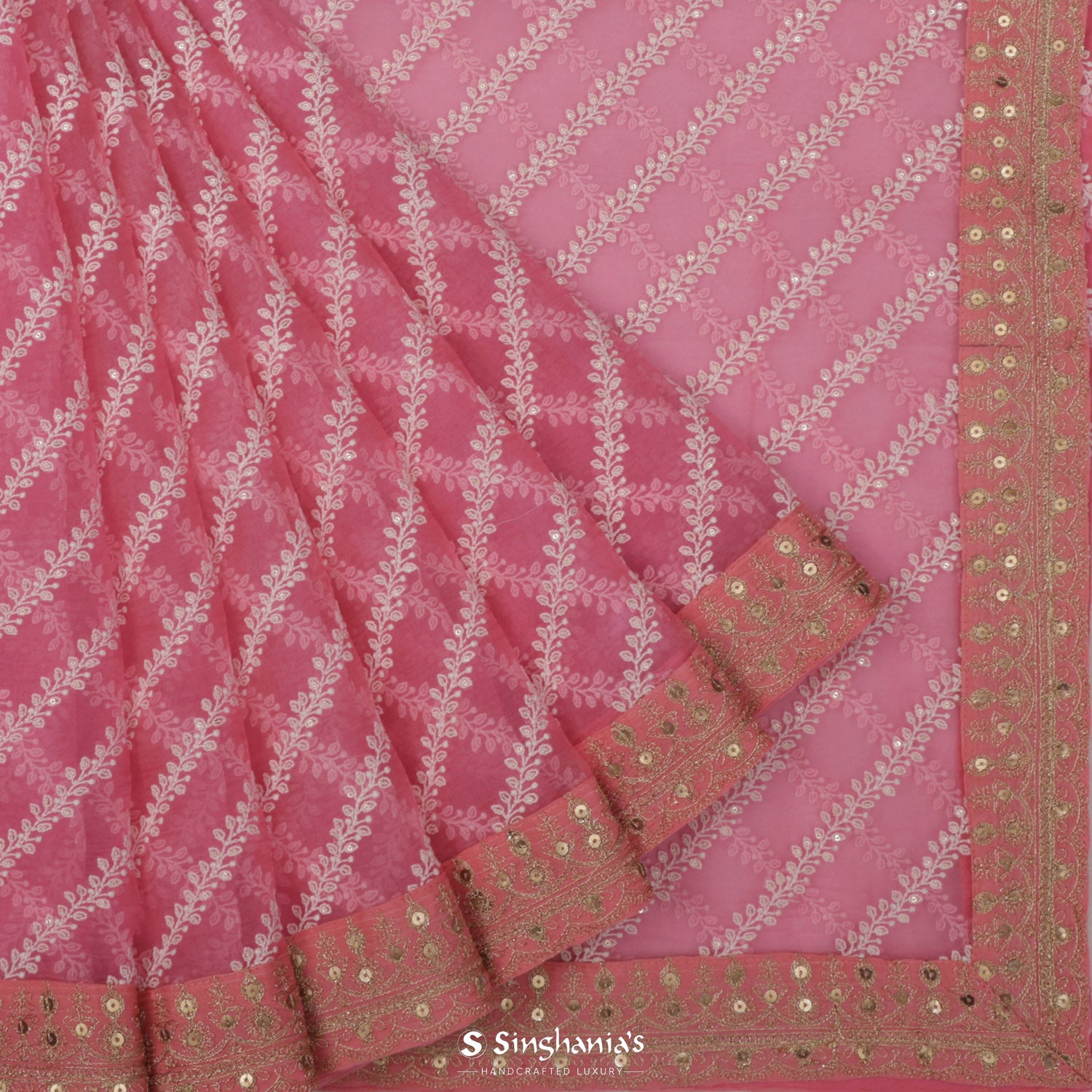 Schauss Pink Organza Saree With Geometrical Pattern