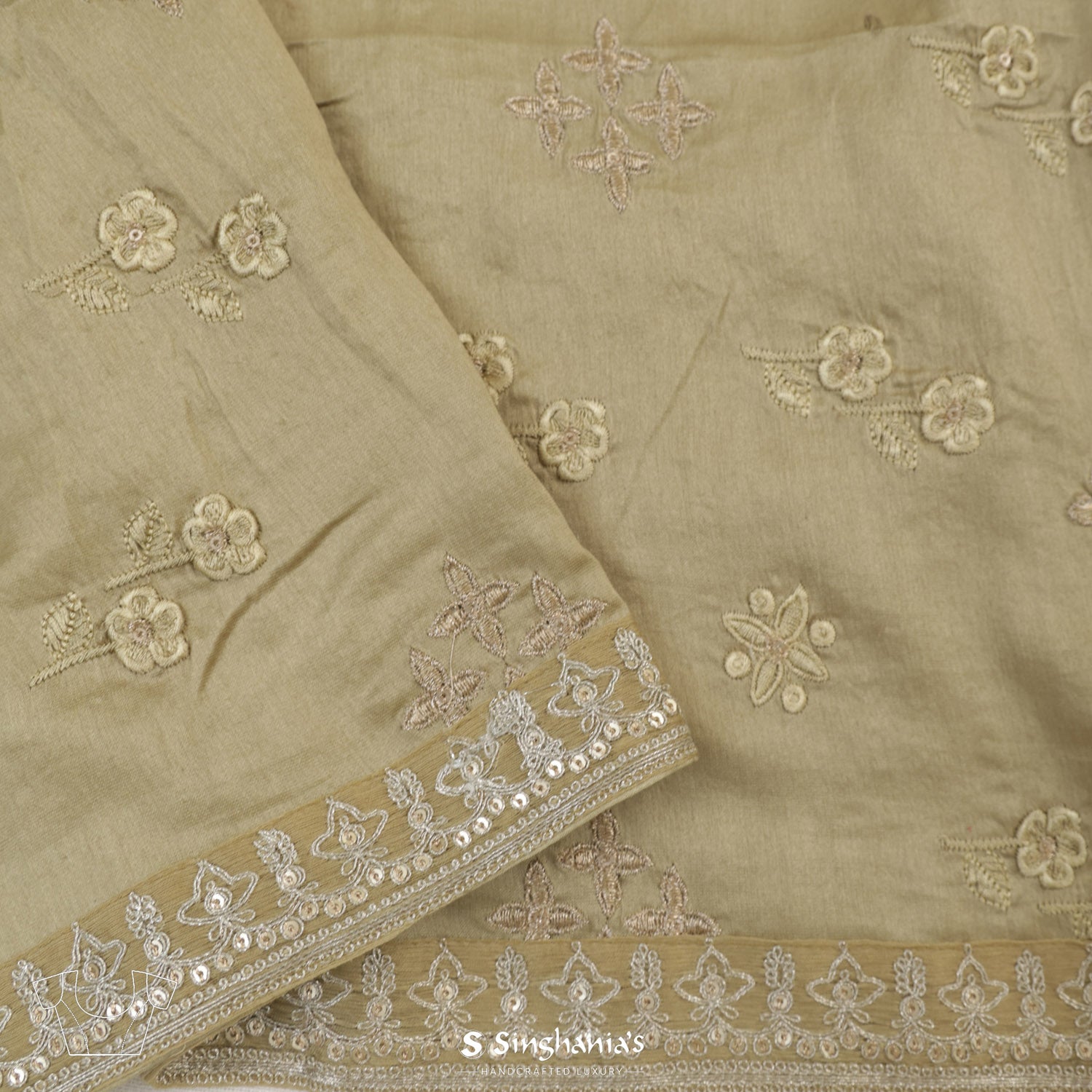 Reseda Green Printed Tussar Saree With Leaf - Floral Pattern