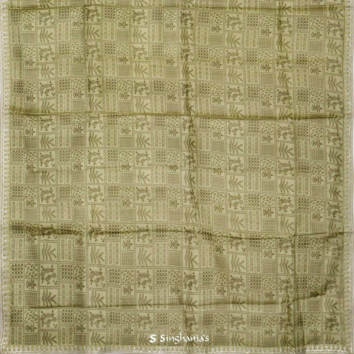 Reseda Green Printed Tussar Saree With Leaf - Floral Pattern