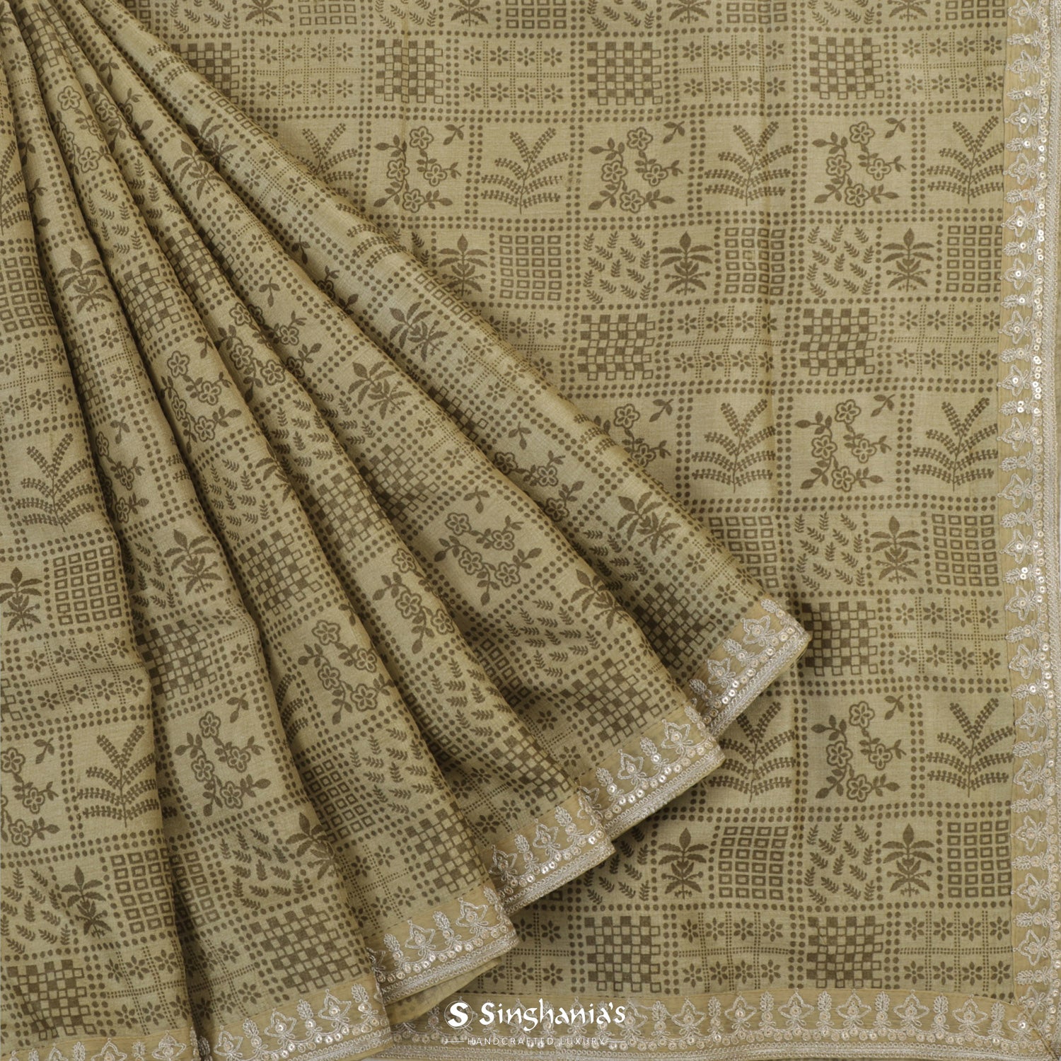 Reseda Green Printed Tussar Saree With Leaf - Floral Pattern