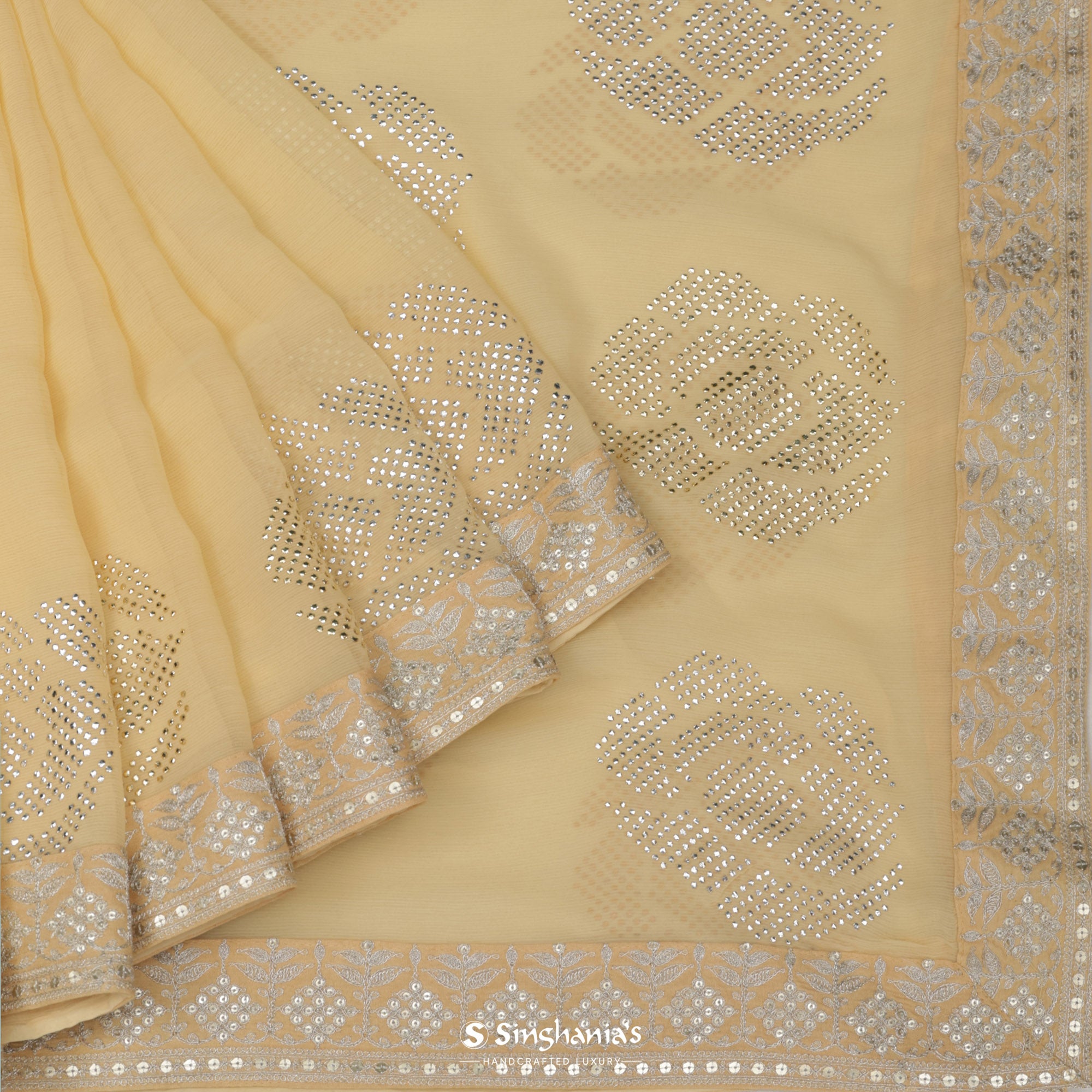 Light Saffron Yellow Georgette Saree With Mukaish Work