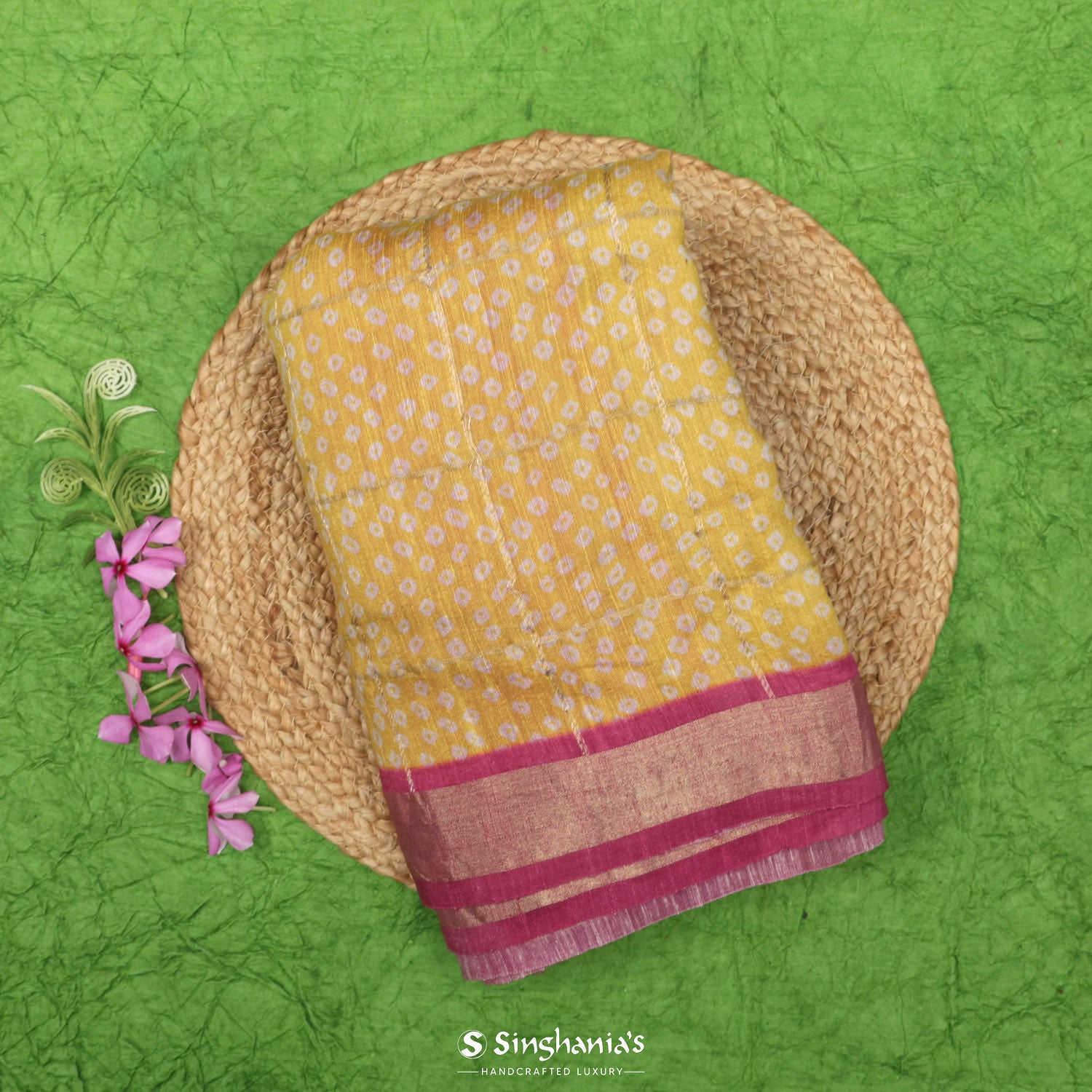 Spanish Yellow Matkaprinted Silk Saree With Bandhani Pattern