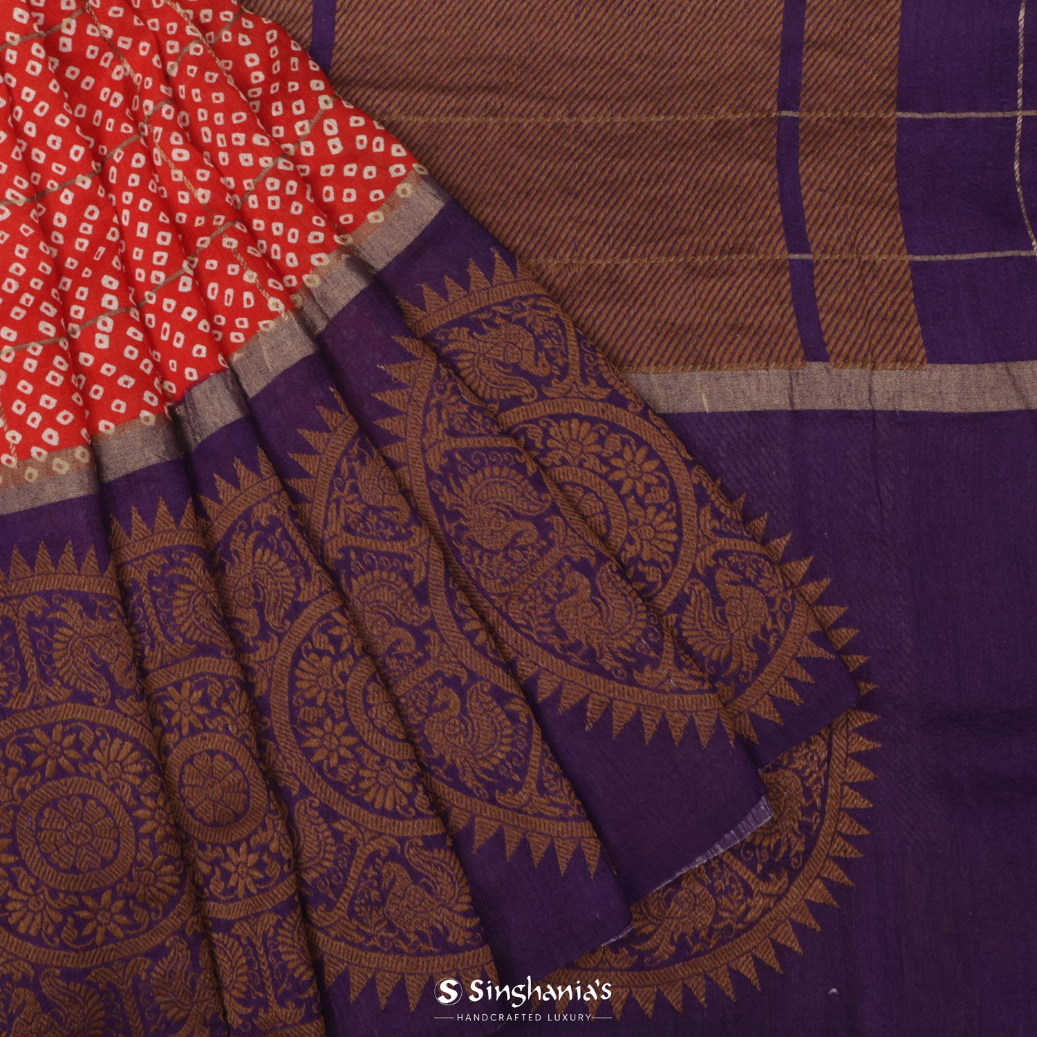 Persian Red Matka Silk Saree With Bandhani Pattern