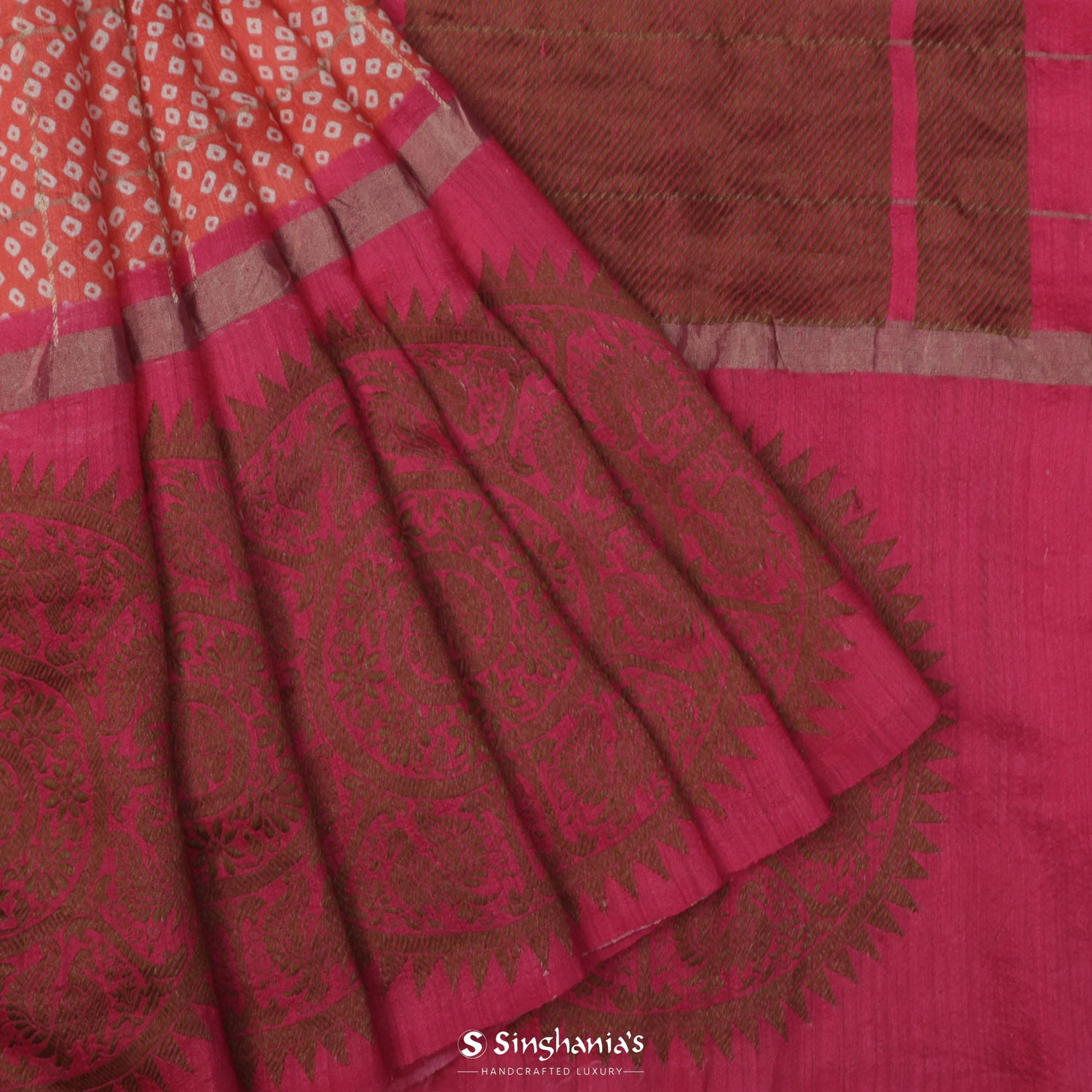 Chinese Orange Printed Matka Silk Saree With Bandhani Pattern