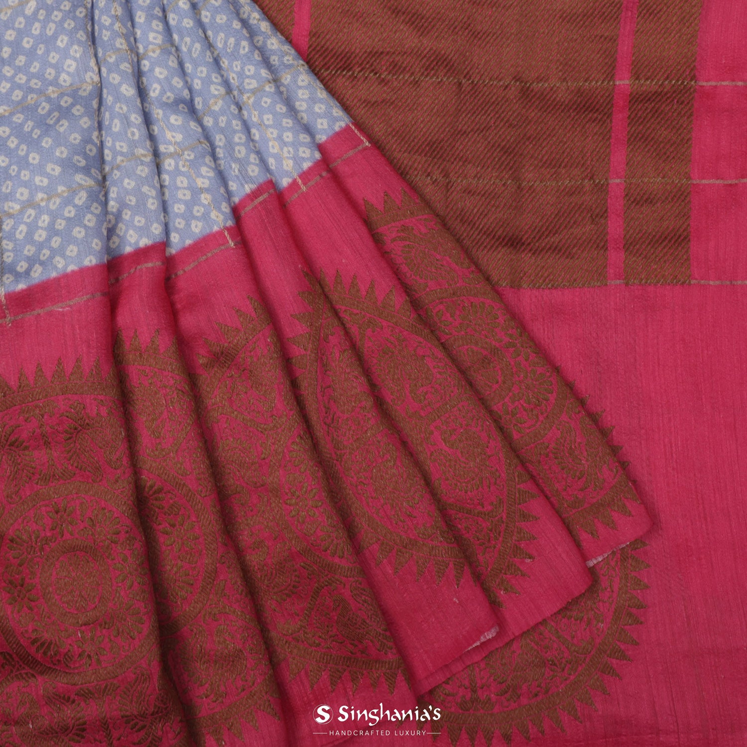 Violet Blue Printed Matka Silk Saree With Bandhani Pattern