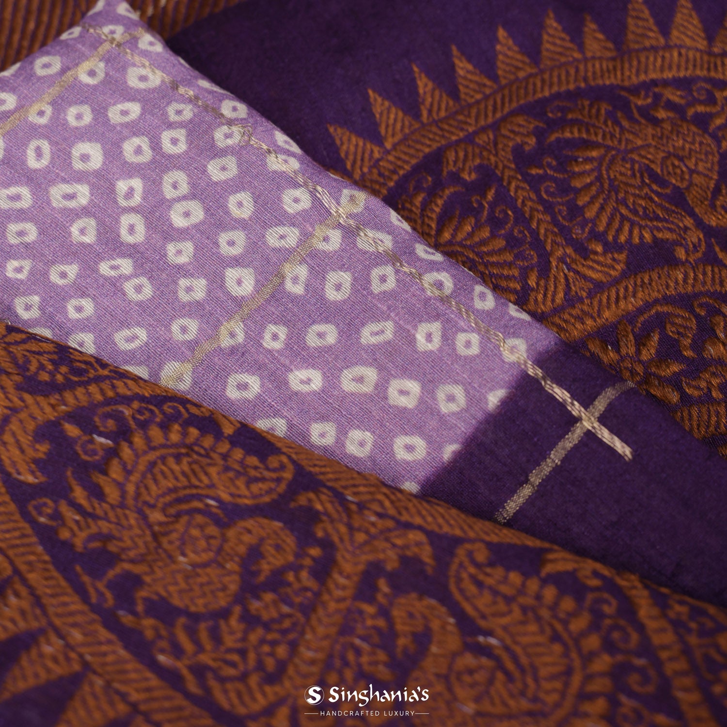 Pale Cream Purple Printed Matka Saree With Bandhani Pattern