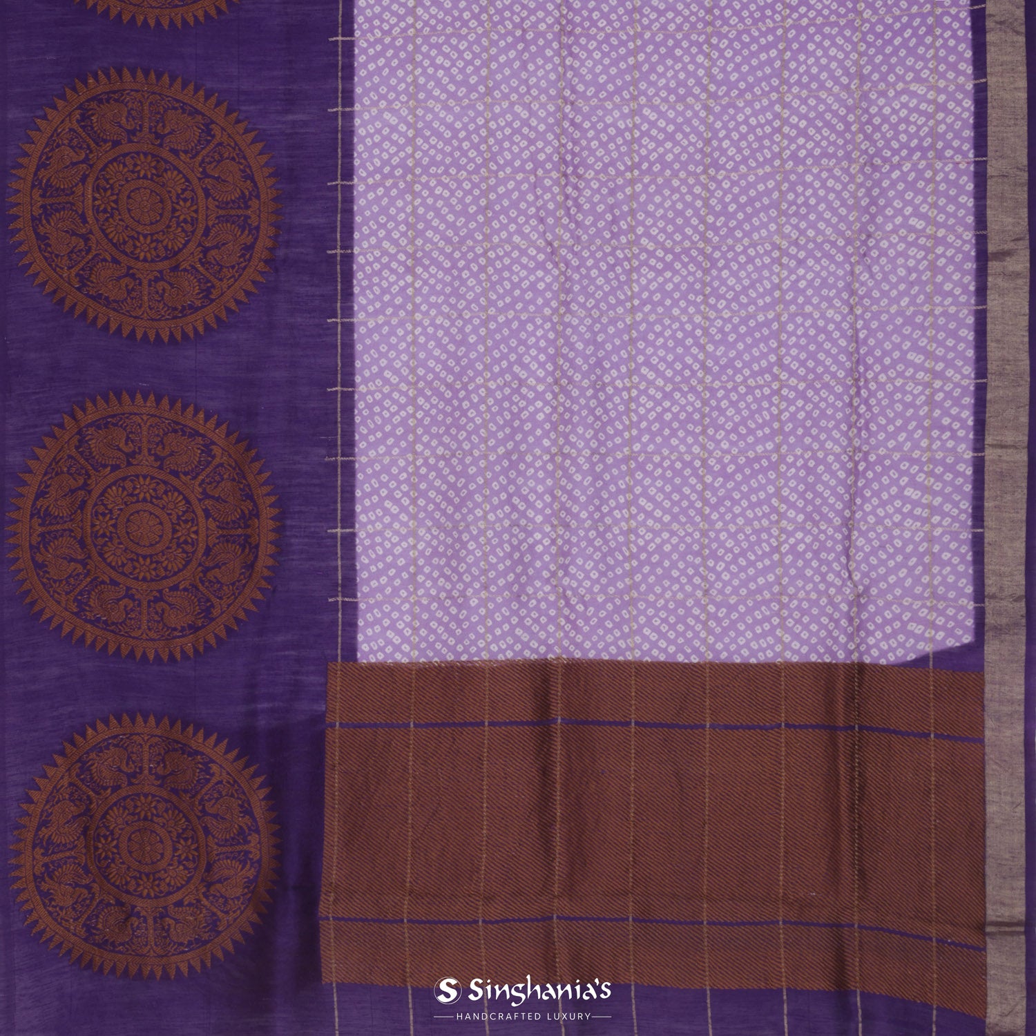 Pale Cream Purple Printed Matka Saree With Bandhani Pattern