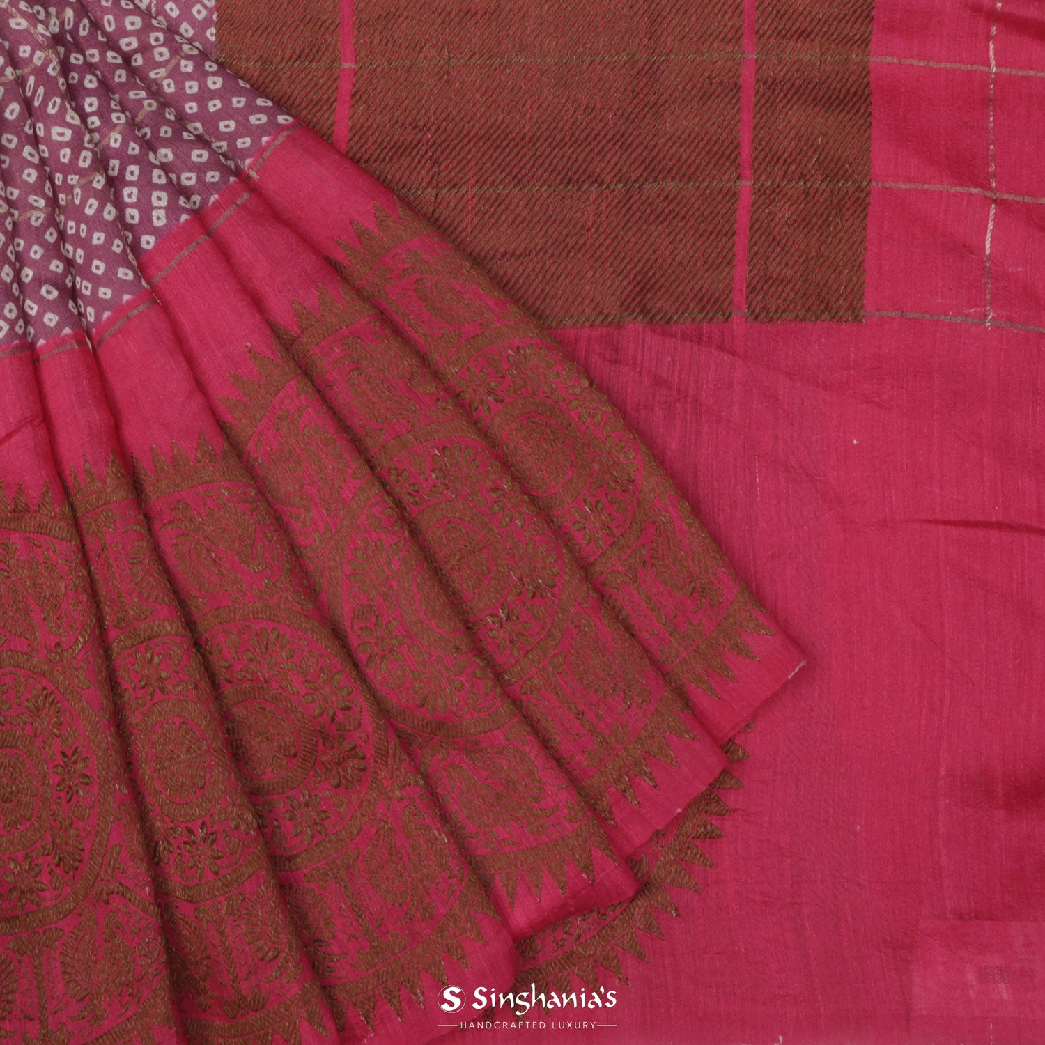 Raspberry Rose Pink Matkaprinted Silk Saree With Bandhani Pattern