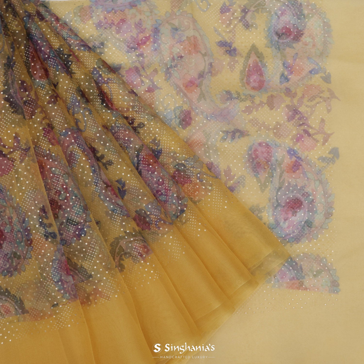 Trombone Yellow Organza Saree With Printed Floral Pattern