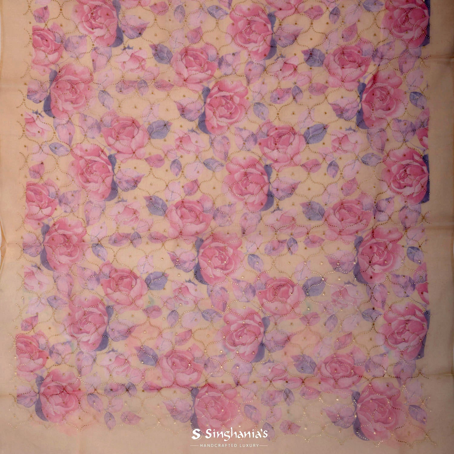 Pastel Pink Printed Organza Saree With Floral Pattern