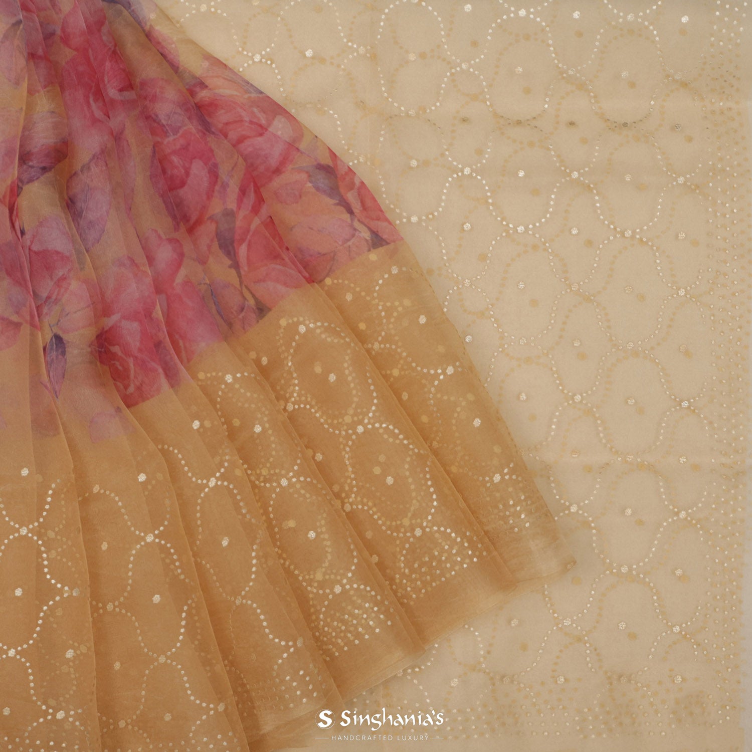 Sand Yellow Organza Printed Saree With Floral Pattern