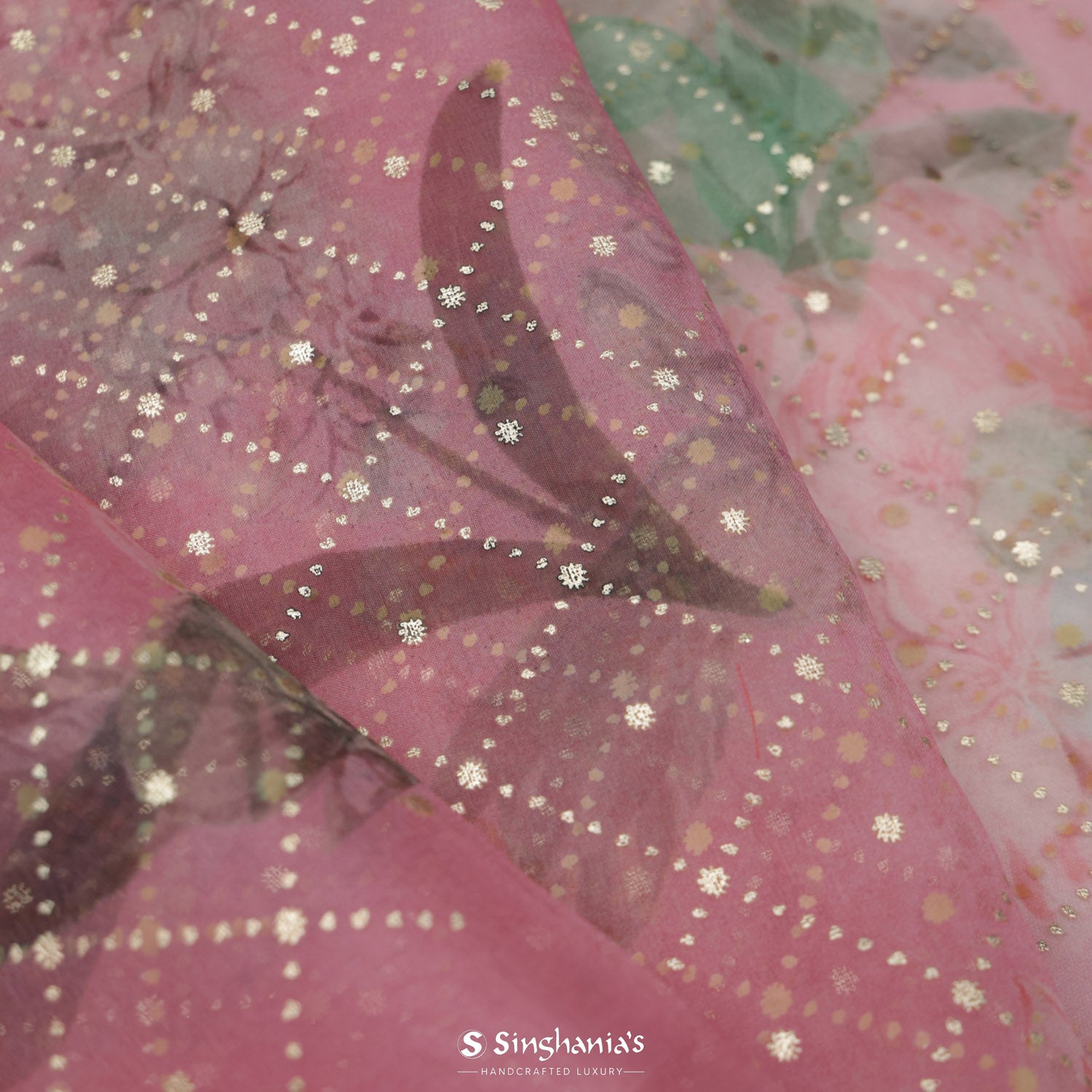 Light Blush Pink Printed Organza Saree With Floral Pattern