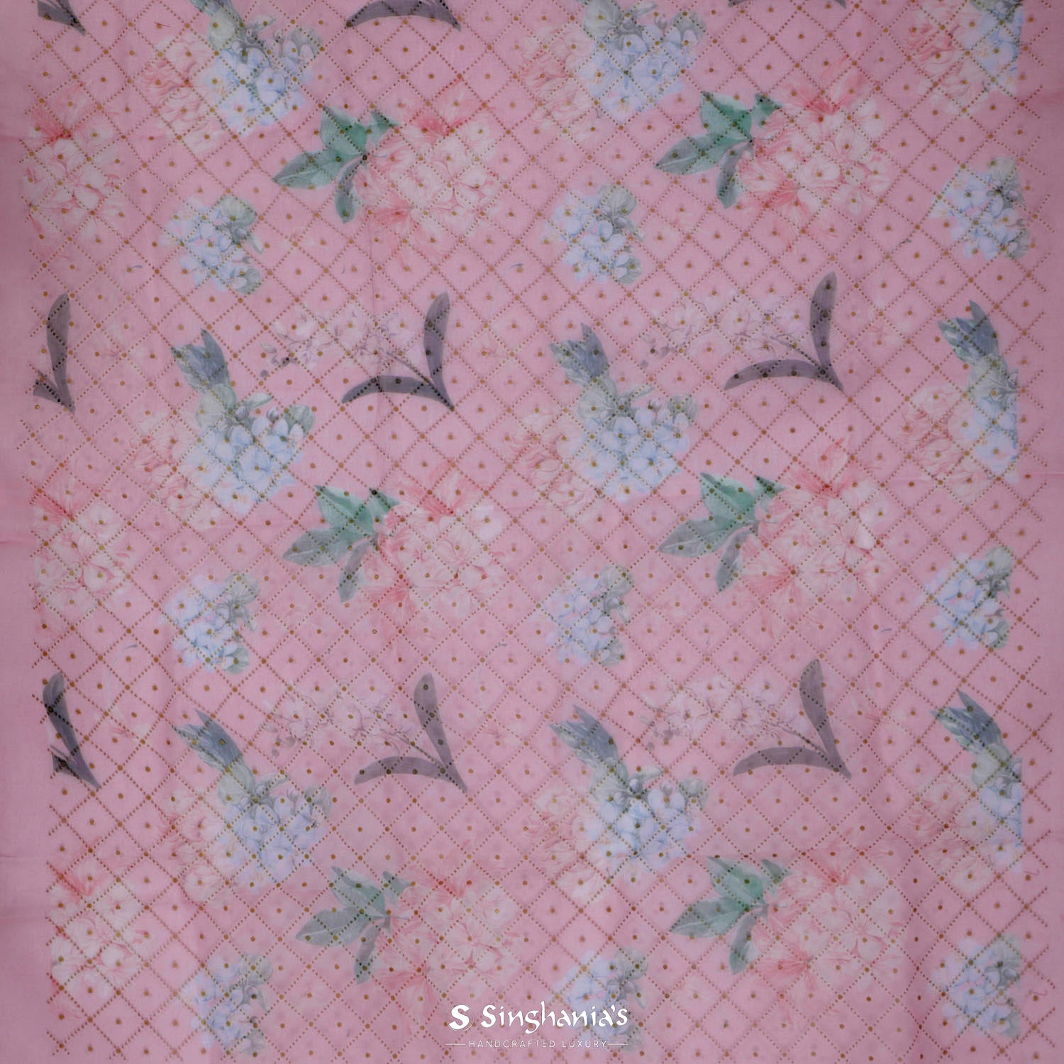 Light Blush Pink Printed Organza Saree With Floral Pattern