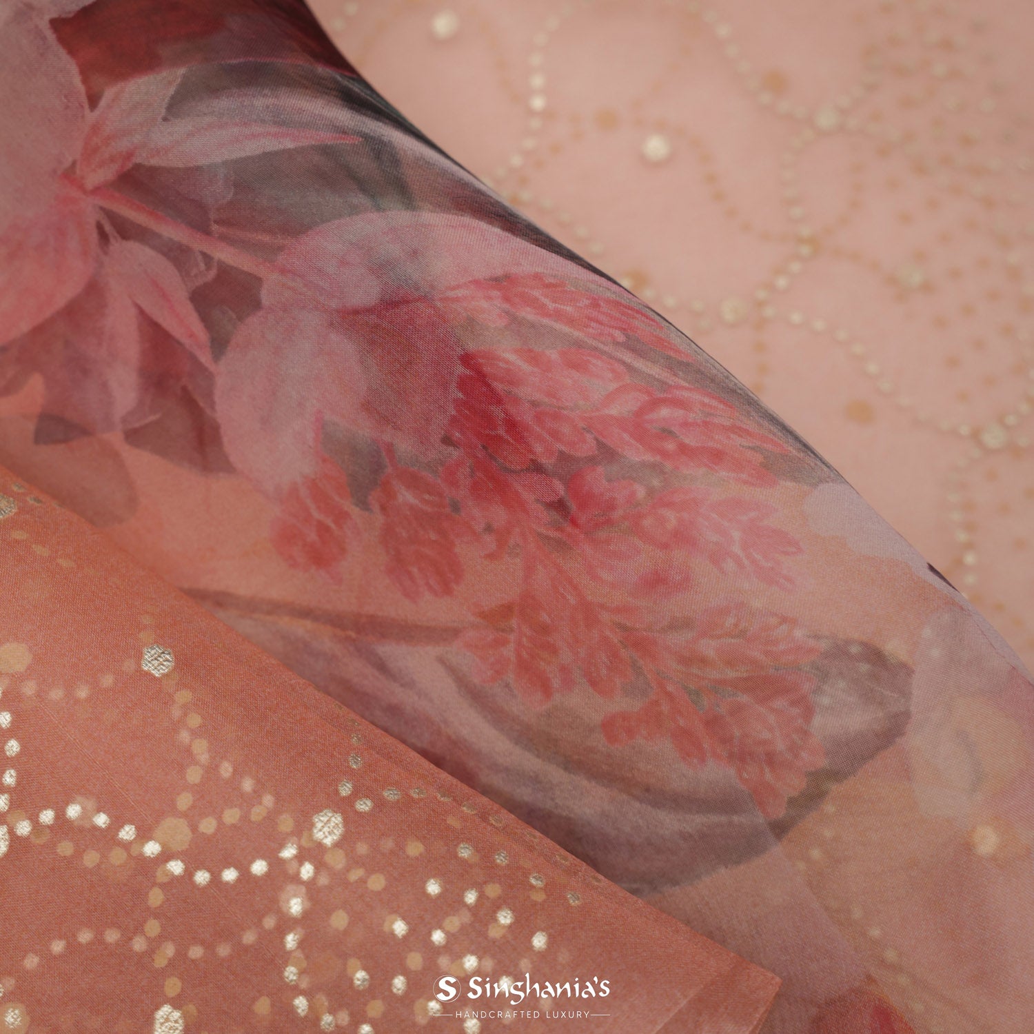 Dark Salmon Pink Organza Saree With Floral Printed Pattern