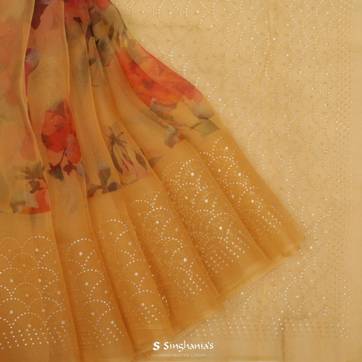 Mineral Yellow Printed Organza Saree With Floral Pattern