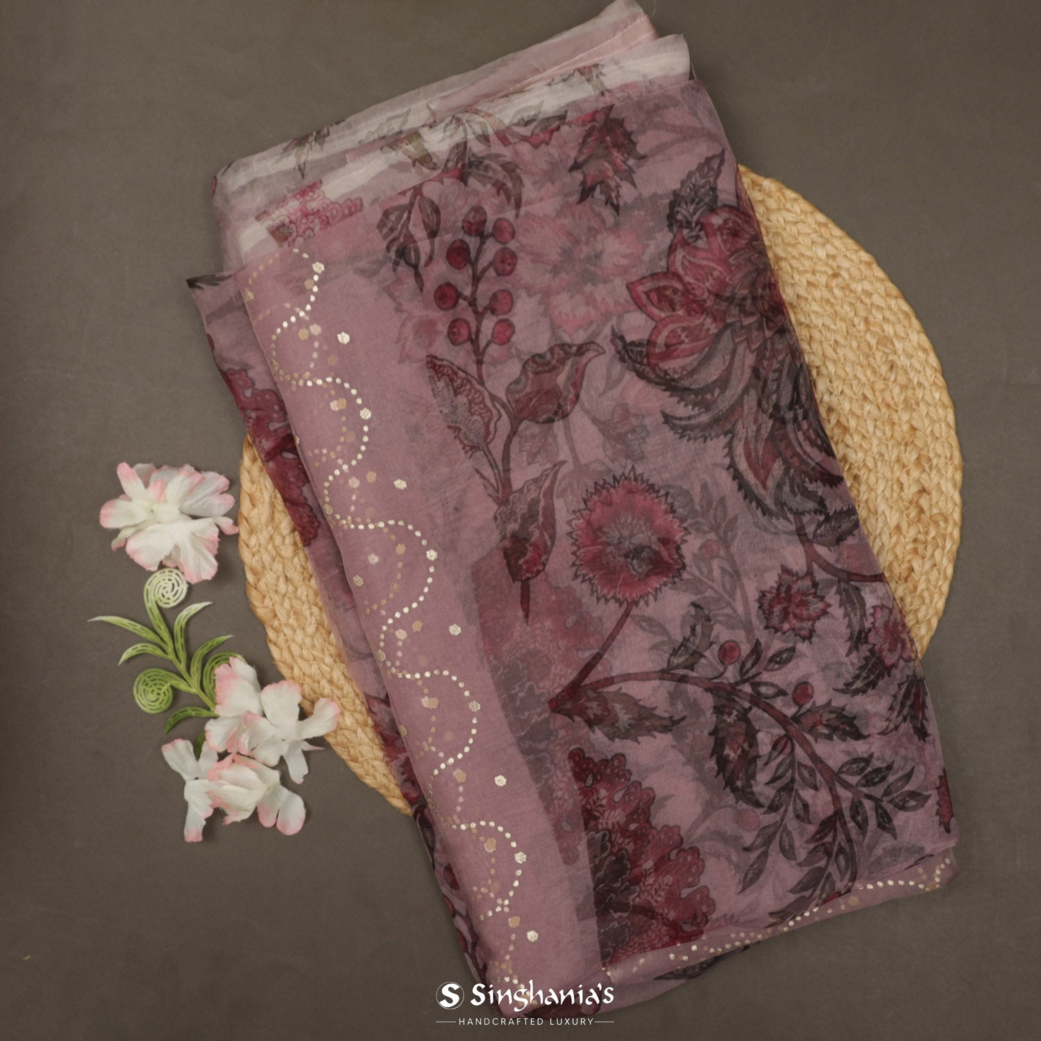 Silvery Pink Printed Organza Saree With Floral Pattern