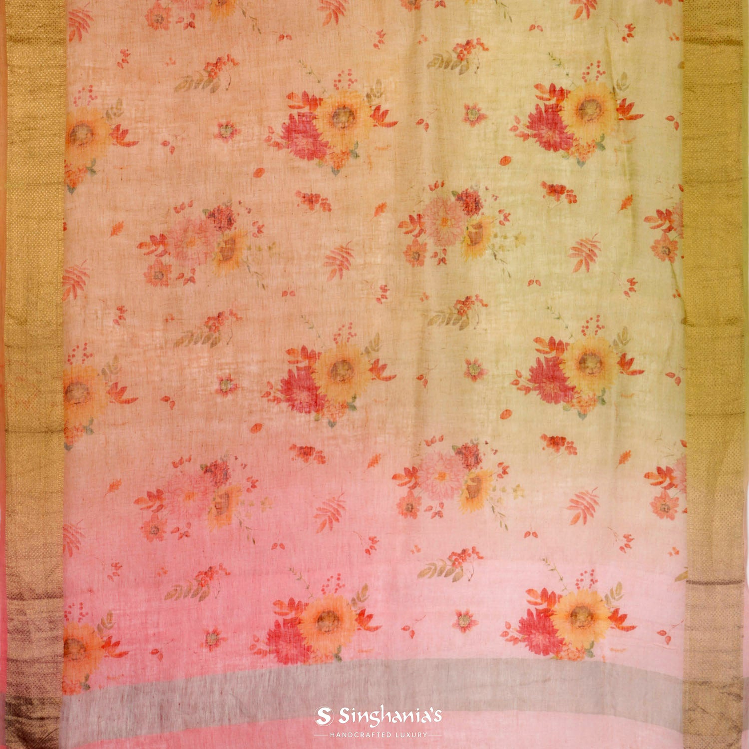 Pale And Peachy Pink Printed Linen Saree With Floral Pattern