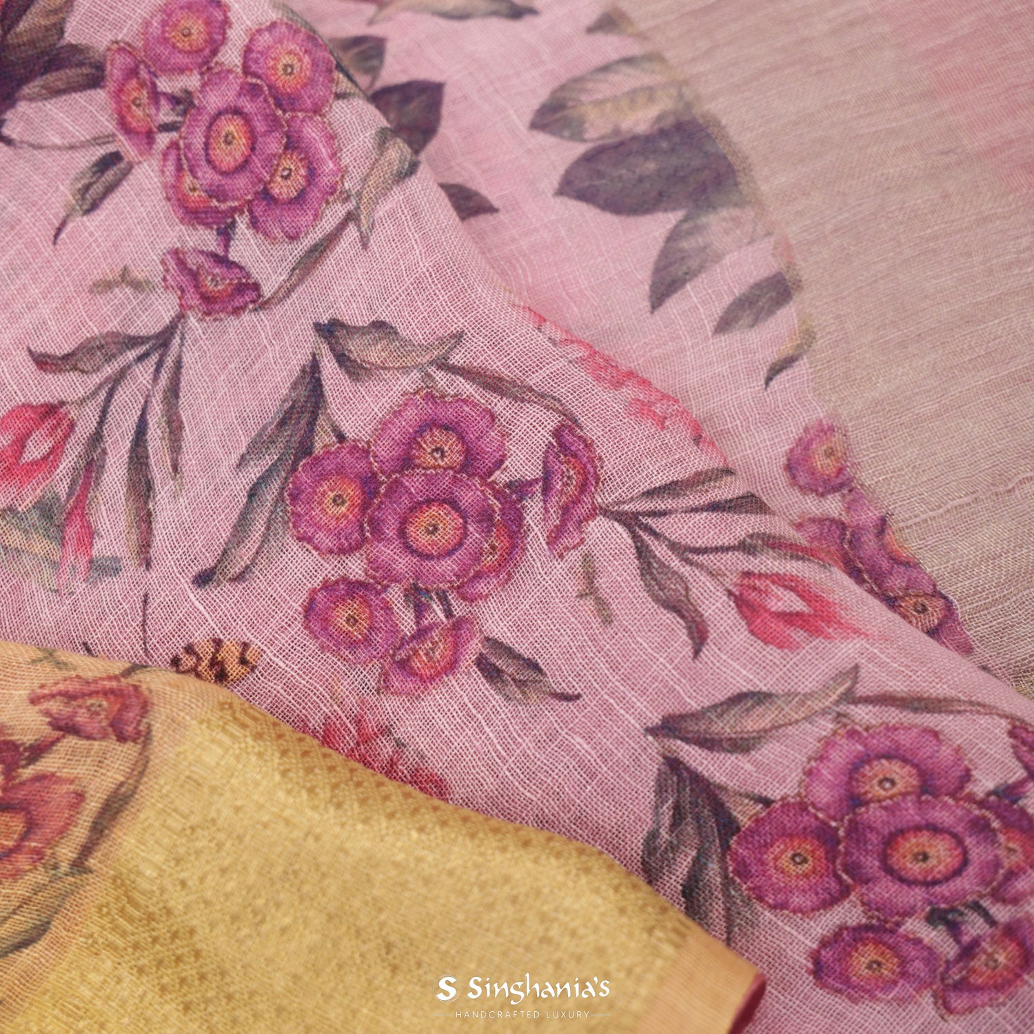 Pastel Pink-Yellow Printed Linen Saree With Floral Pattern