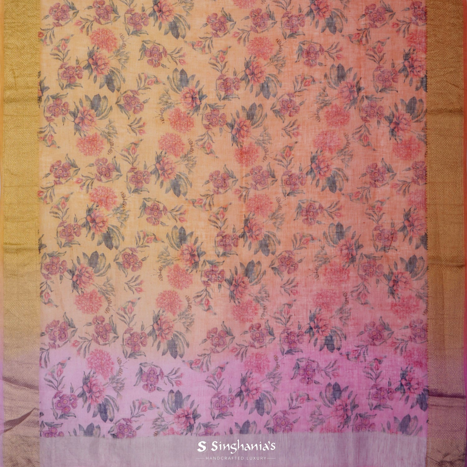 Pastel Pink-Yellow Printed Linen Saree With Floral Pattern