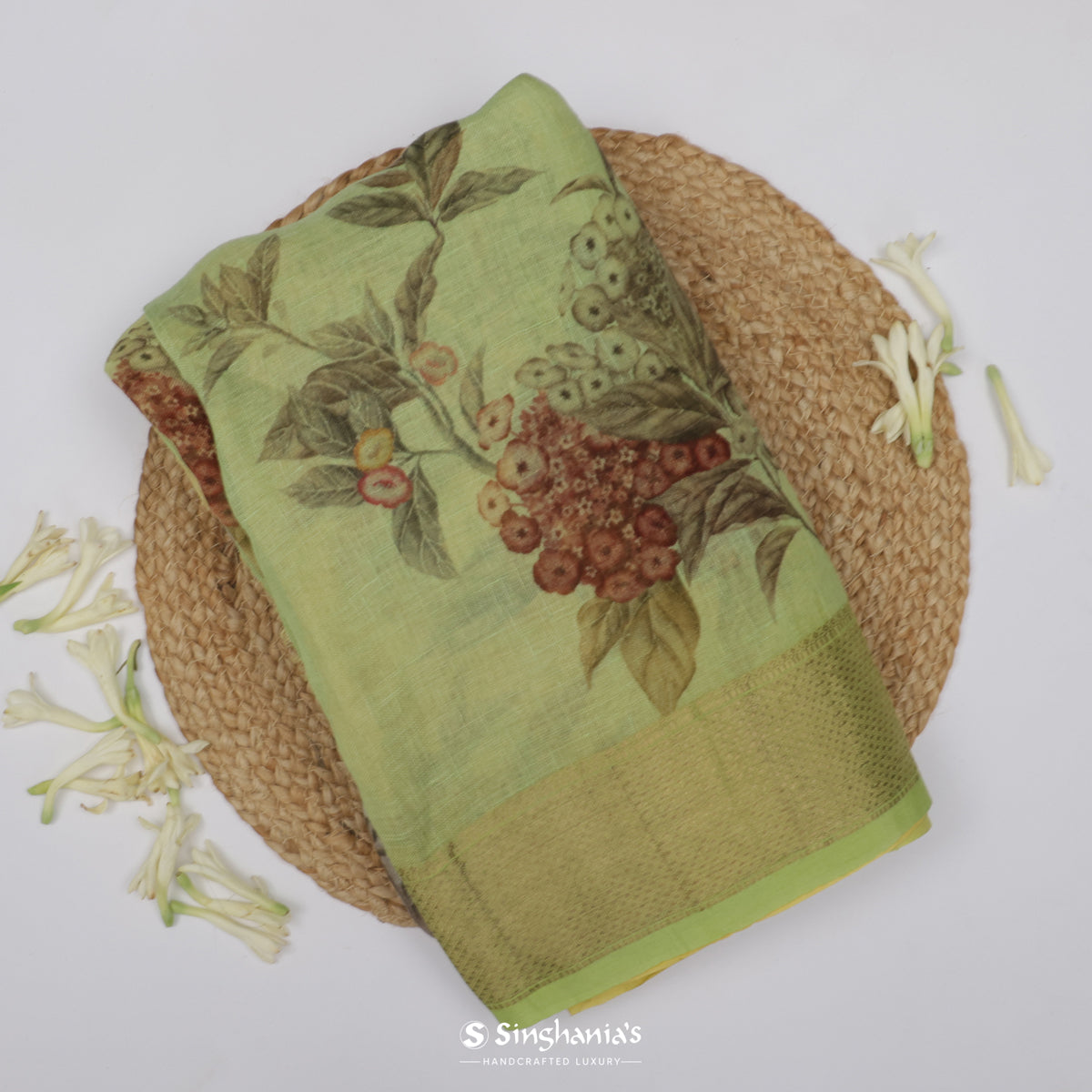 Pastel Green-Cream Printed Linen Saree With Floral Pattern